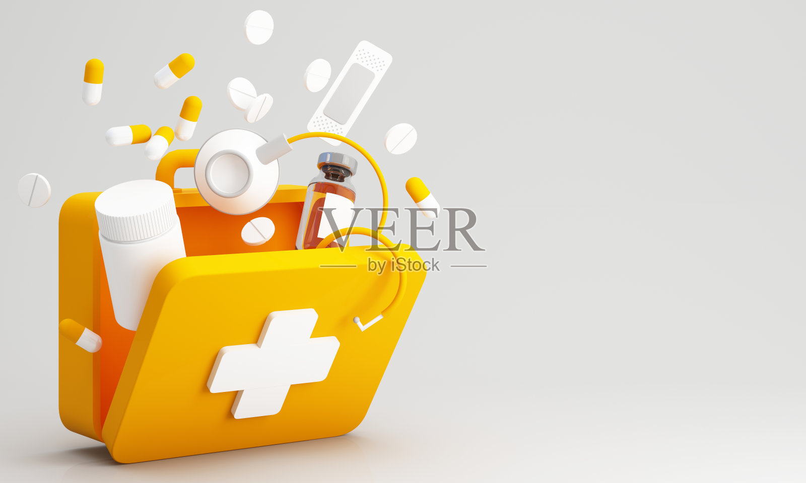装满药品、注射器和疫苗的急救箱。三维渲染照片摄影图片