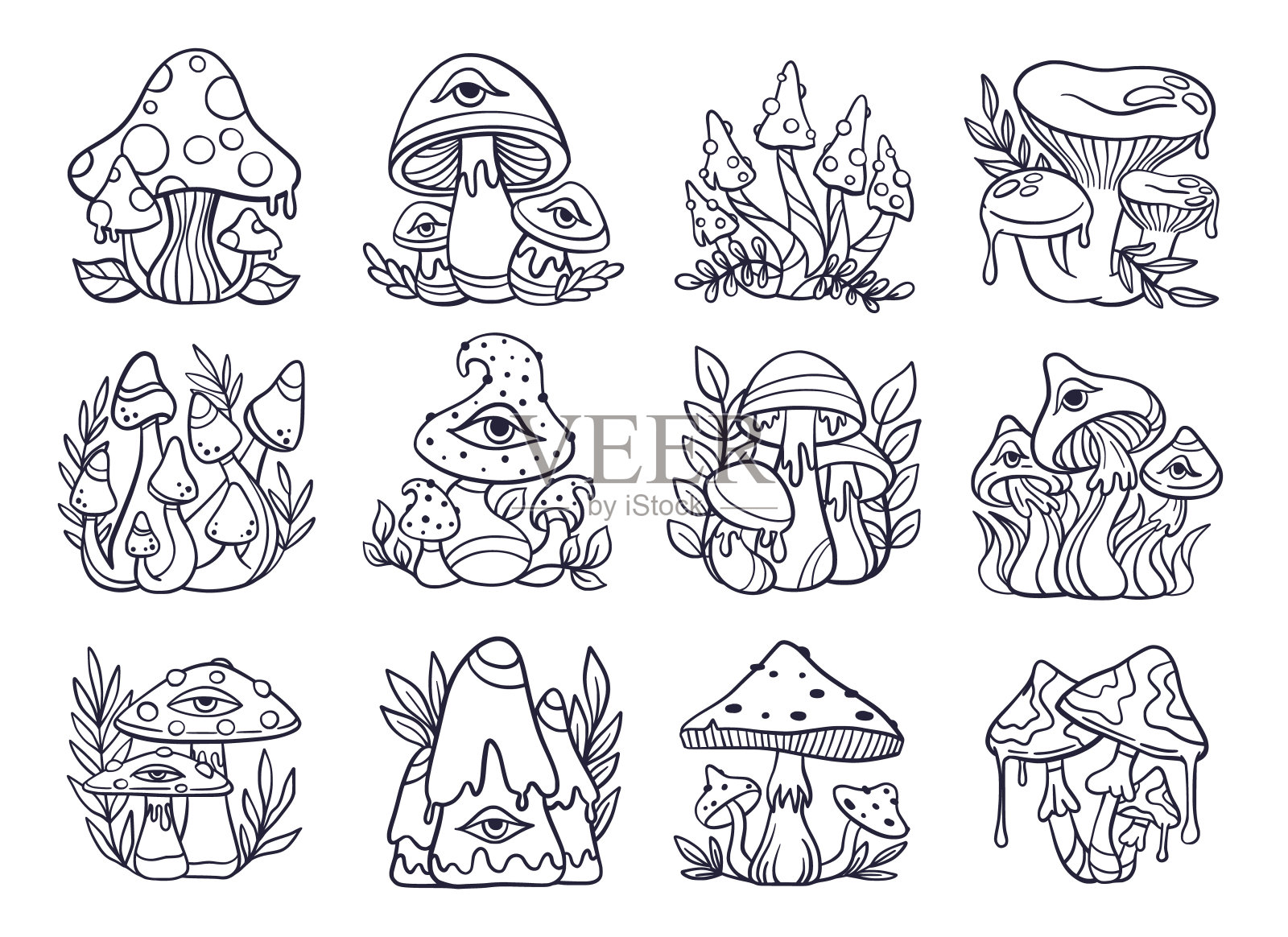 迷幻蘑菇元素集合，黑白轮廓涂鸦素描手绘风格，矢量插图插画图片素材