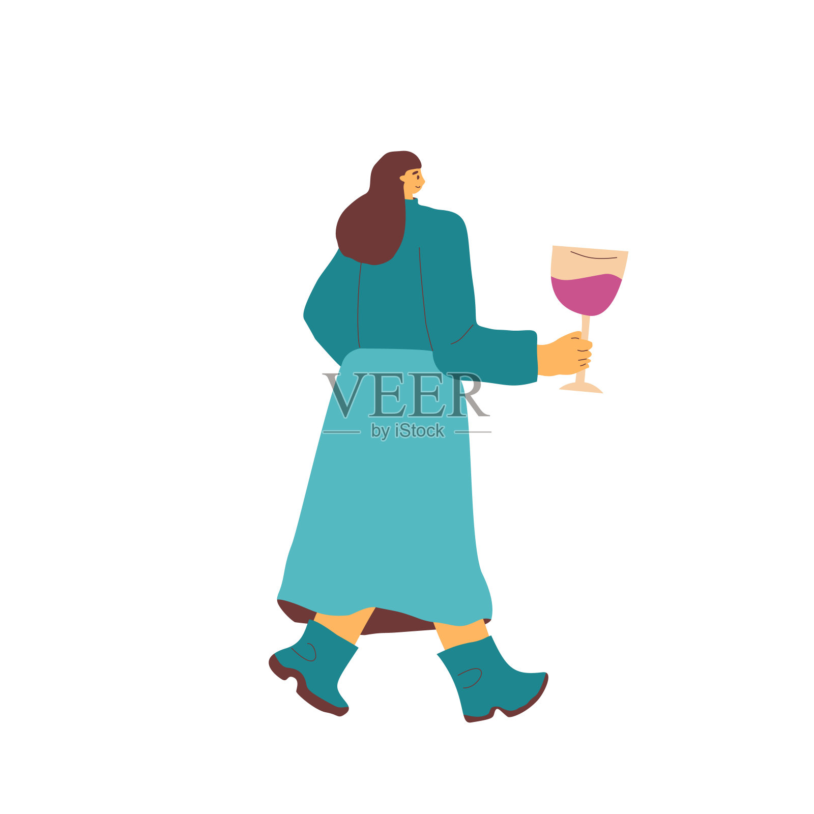 拿着红酒杯的女人。可爱的角色和酒精饮料。矢量手绘平面插图隔离在白色背景。插画图片素材