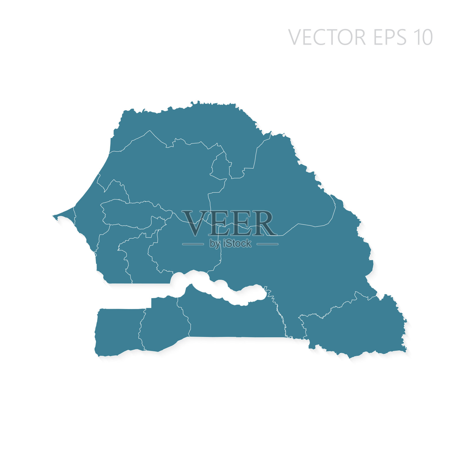 塞内加尔地图高度详细，在白色背景上按州划分。卡普里颜色现代矢量地图插画图片素材