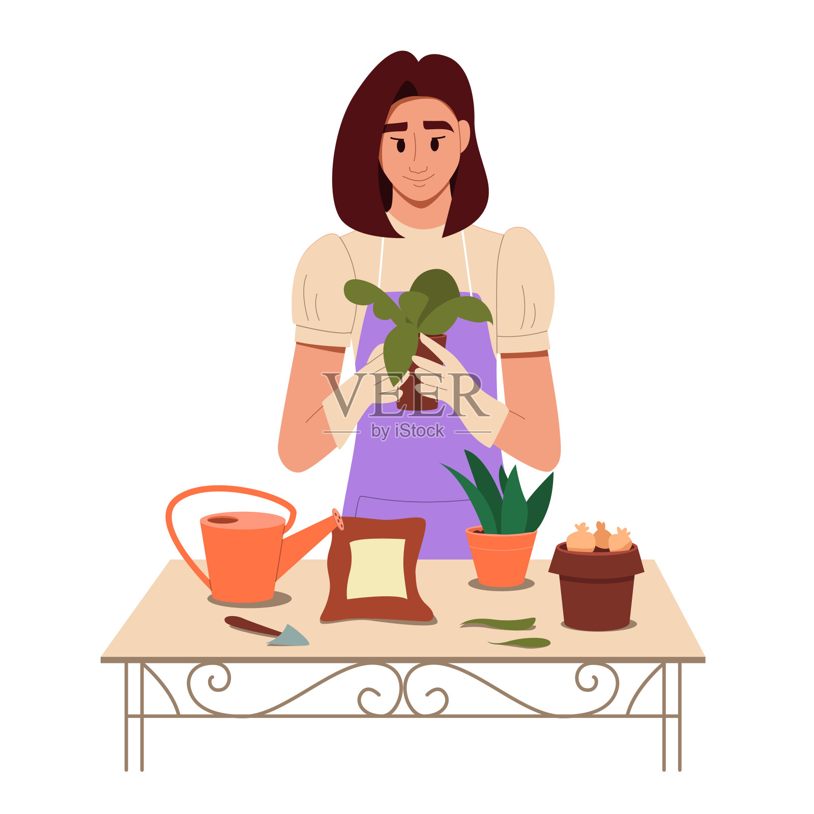 园艺的爱好。照顾植物的妇女。拿着花盆的微笑女孩。春天的女园丁。可爱的矢量插图在平面卡通风格。插画图片素材