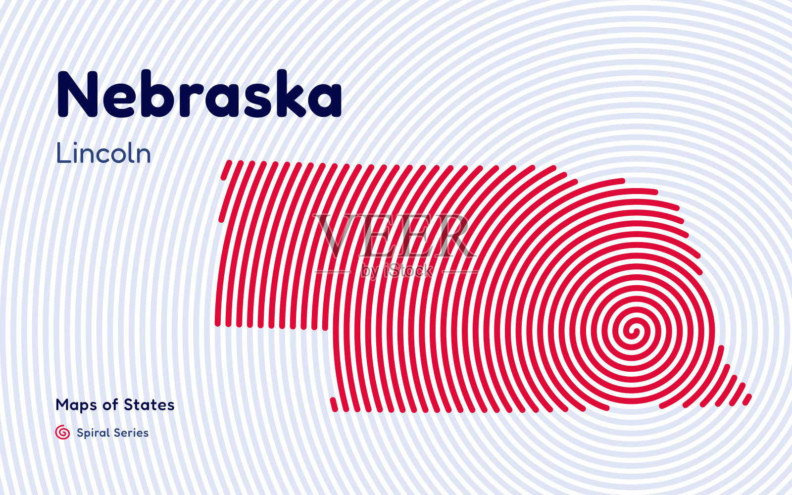 内布拉斯加州螺旋形地图:林肯占据中心位置。插画图片素材