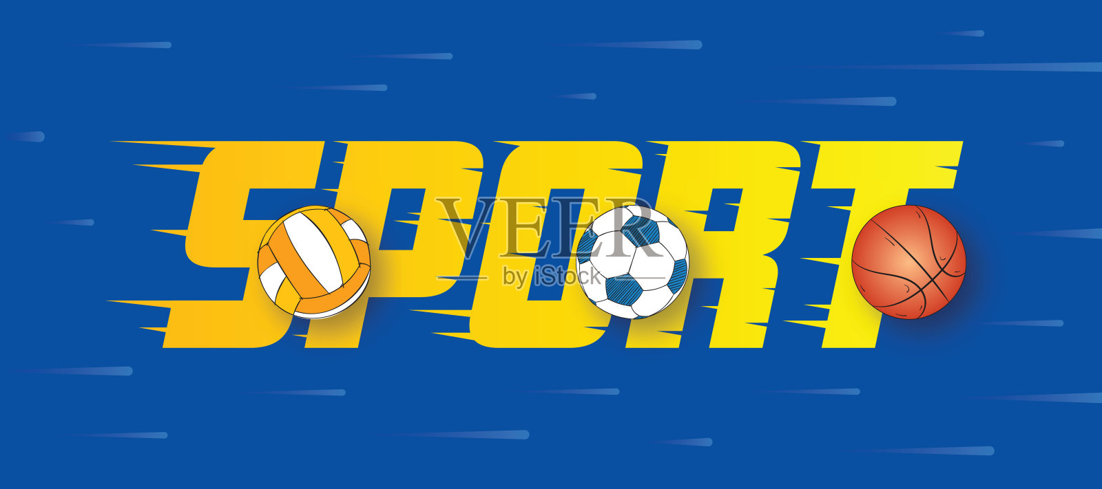 五颜六色的运动字和球。运动字与快速效果的蓝色背景。篮球、足球、手球和体育词汇插画图片素材