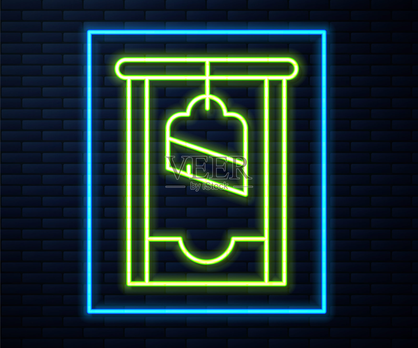 发光的霓虹线断头台中世纪执行图标孤立的砖墙背景。向量插画图片素材