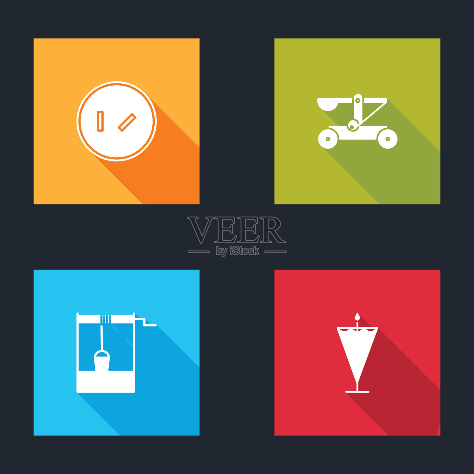 设置圆形木制盾牌，弹弓射击石头，井与桶和中世纪的旗帜图标。向量插画图片素材