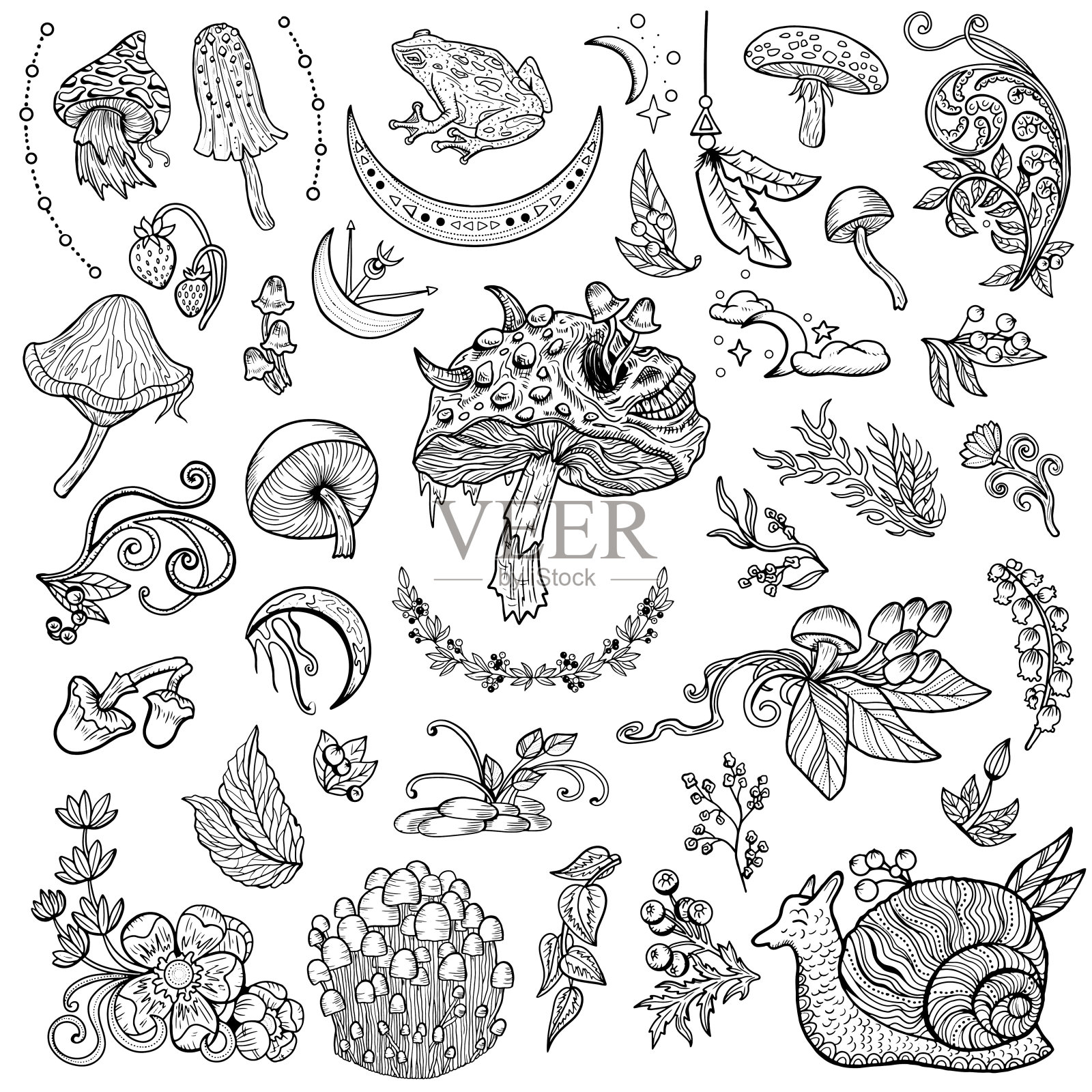 设计向量集与神秘的蘑菇，魔术和花卉装饰涂鸦元素插画图片素材