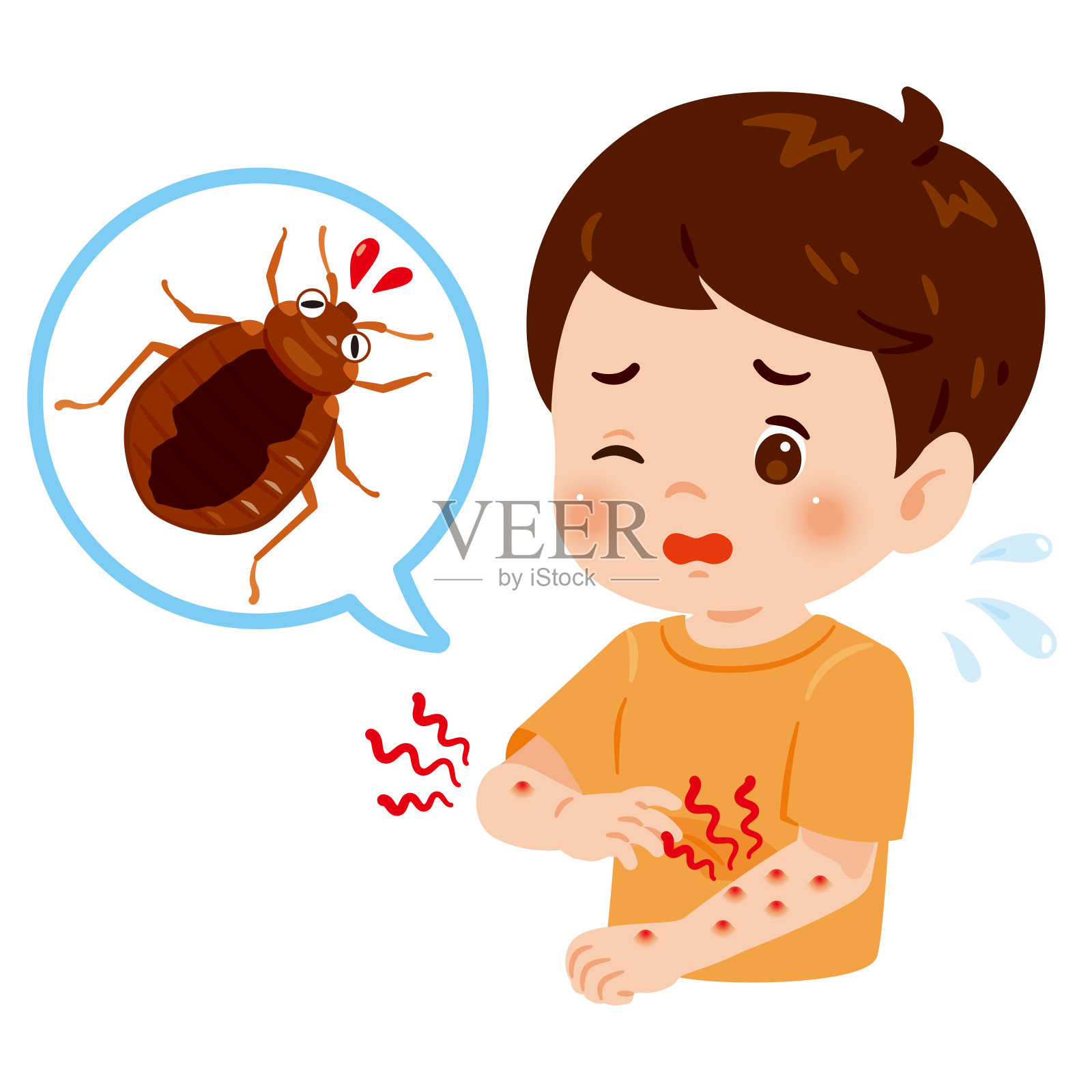 被臭虫叮咬而发痒的男孩插画图片素材