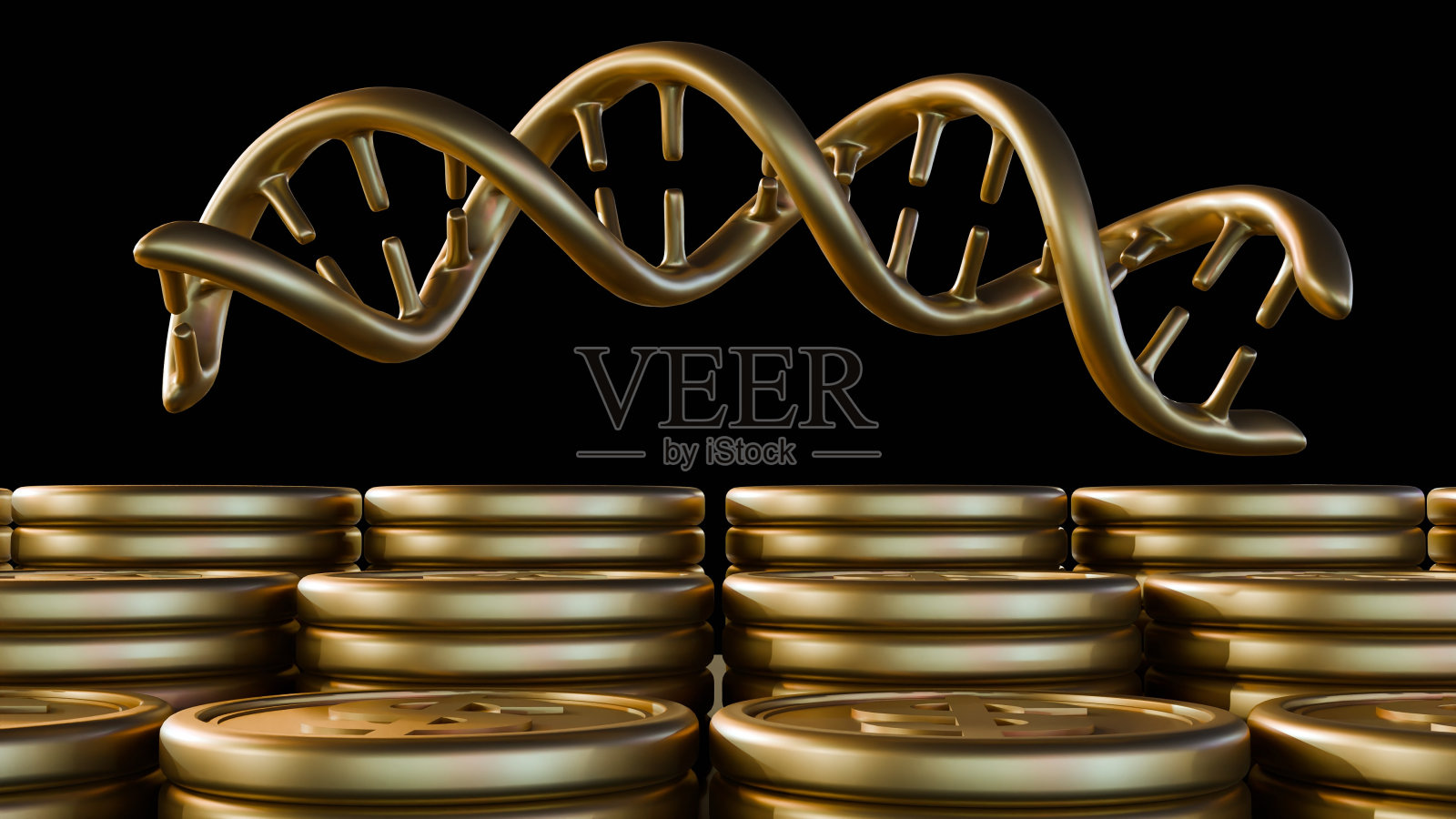 金DNA螺旋分子和一堆金币照片摄影图片