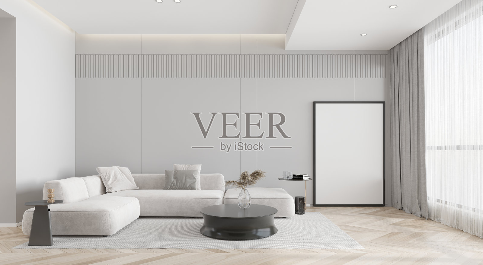 模拟海报框架在室内背景，客厅。3D渲染，3D插图照片摄影图片