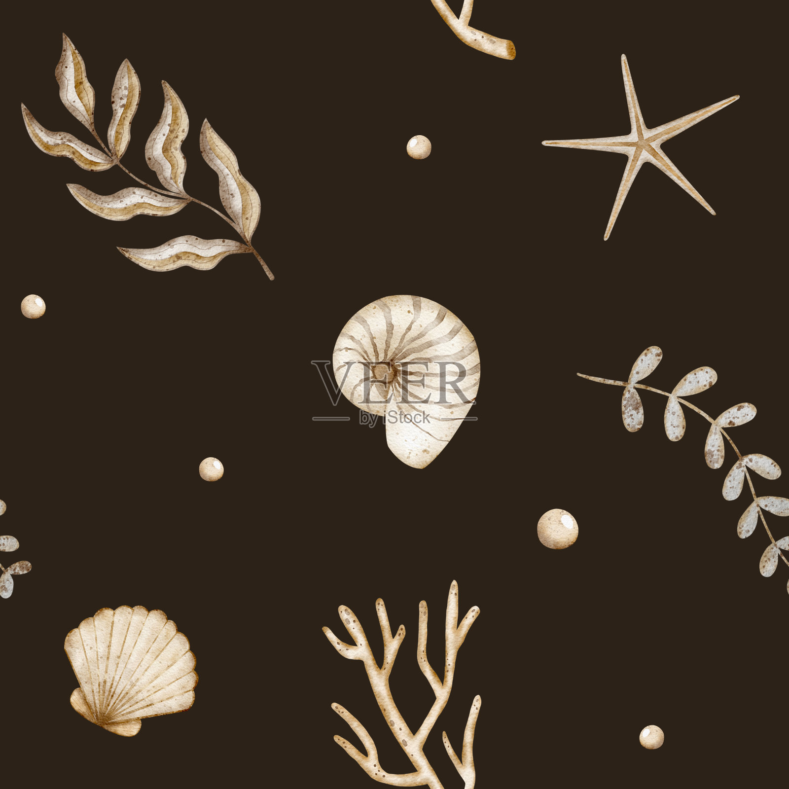 无缝图案的海星，贝壳，珊瑚，海藻，珍珠。海洋风格的深色背景水彩画，用于纺织品、织物、服装、包装、墙纸、印刷、餐具等插画图片素材
