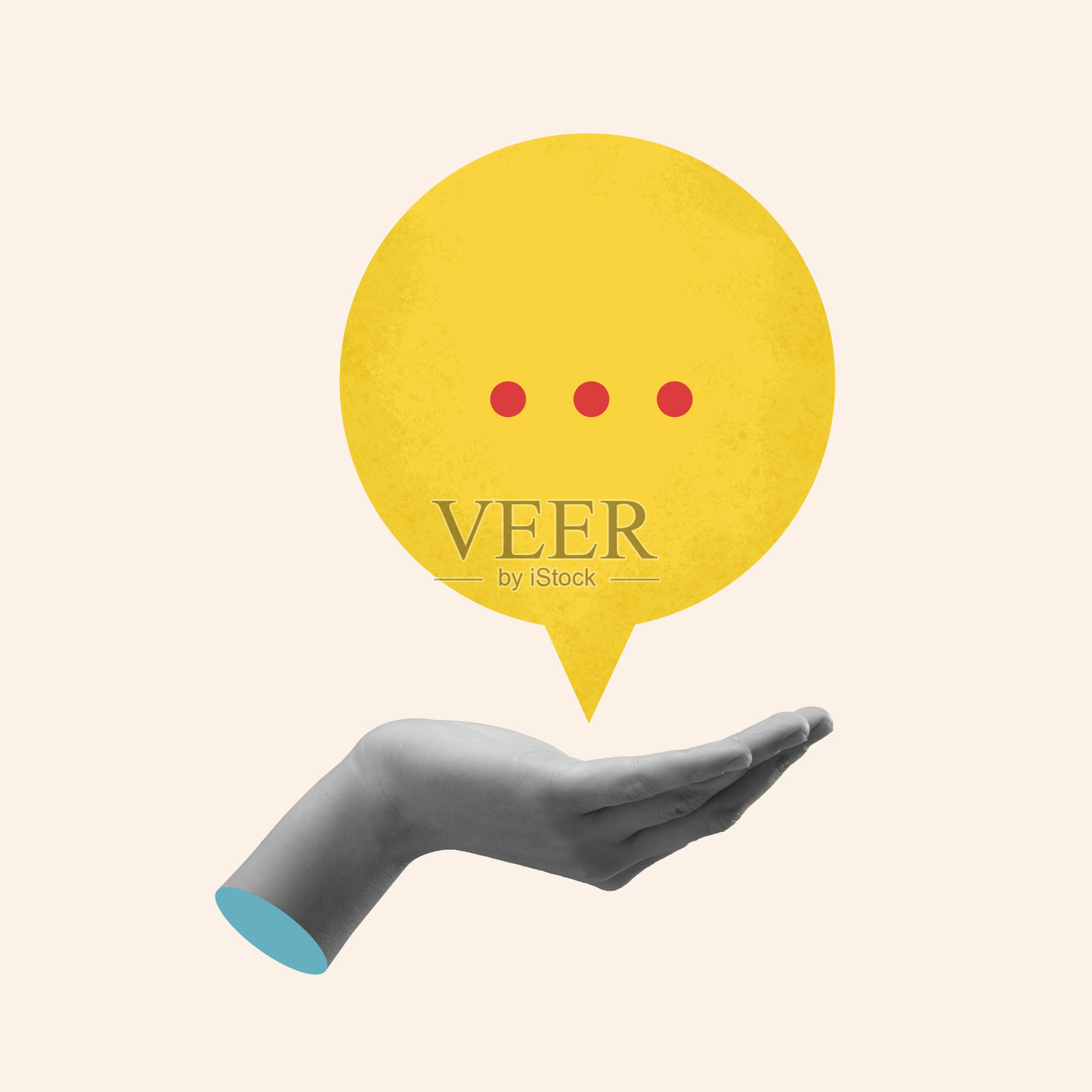 当代艺术拼贴。手在黑白滤镜，持有黄色的语音气泡作为信息在米色背景。照片摄影图片