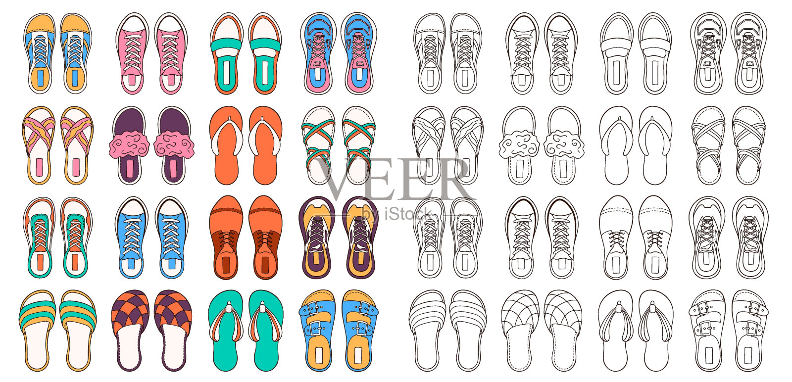 充满活力和色彩的人字拖，鞋子，运动鞋收藏。鞋履集设计在线条艺术，平面风格的鞋店，商店。矢量插图孤立在一个白色的背景。插画图片素材