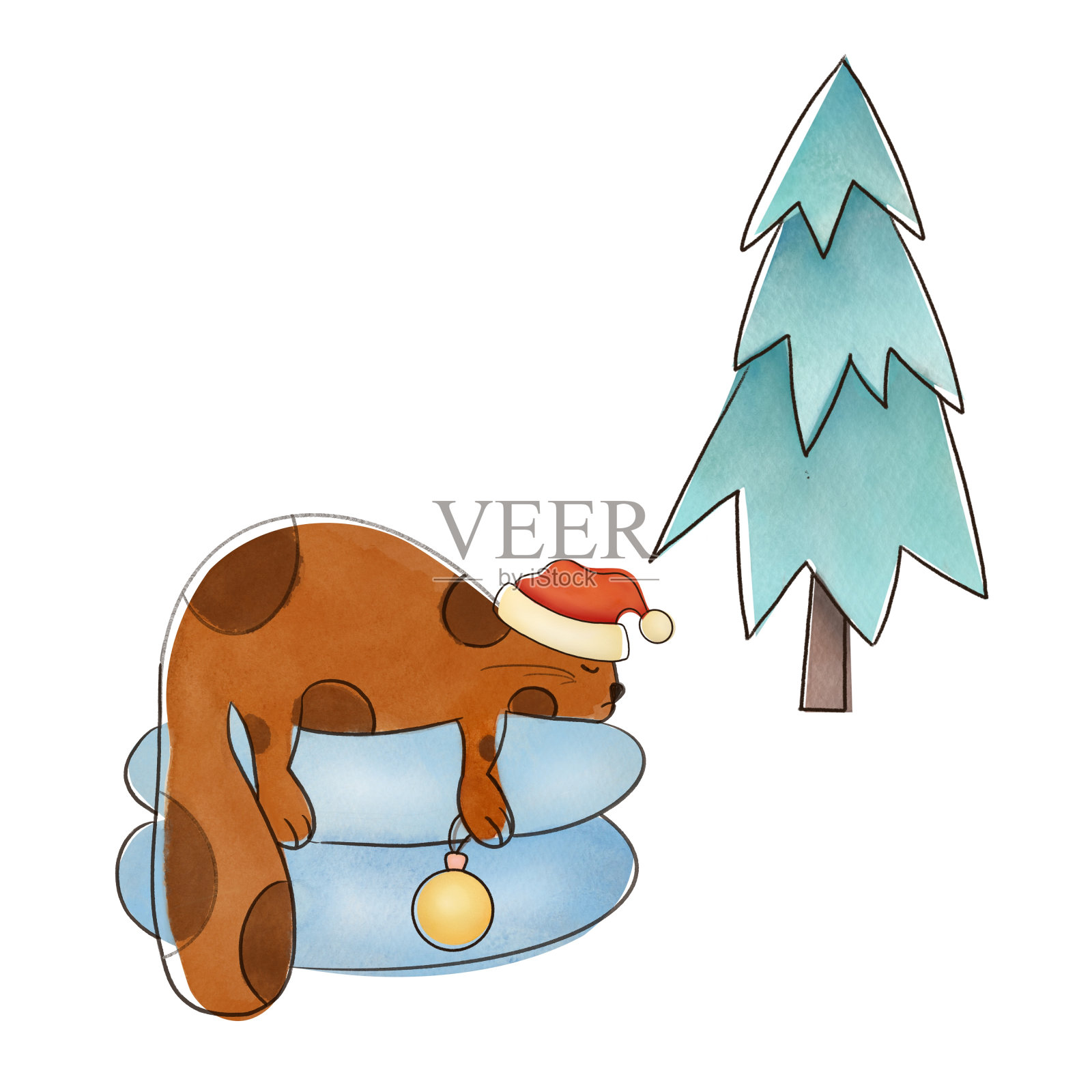 可爱的猫戴着圣诞帽，用气球装饰圣诞树，然后睡着了插画图片素材