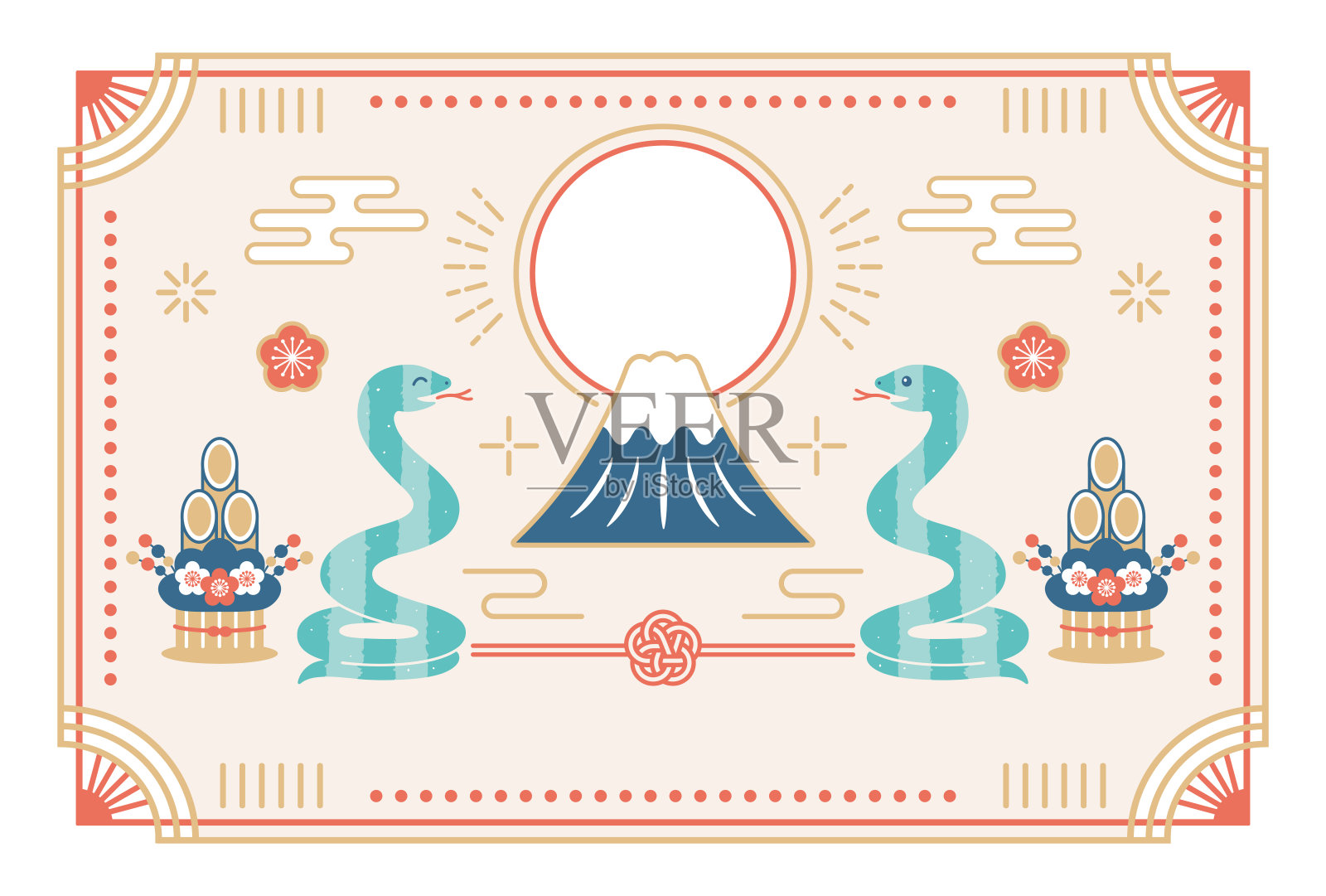 2025年的新年贺卡以富士山和蛇年为主题插画图片素材