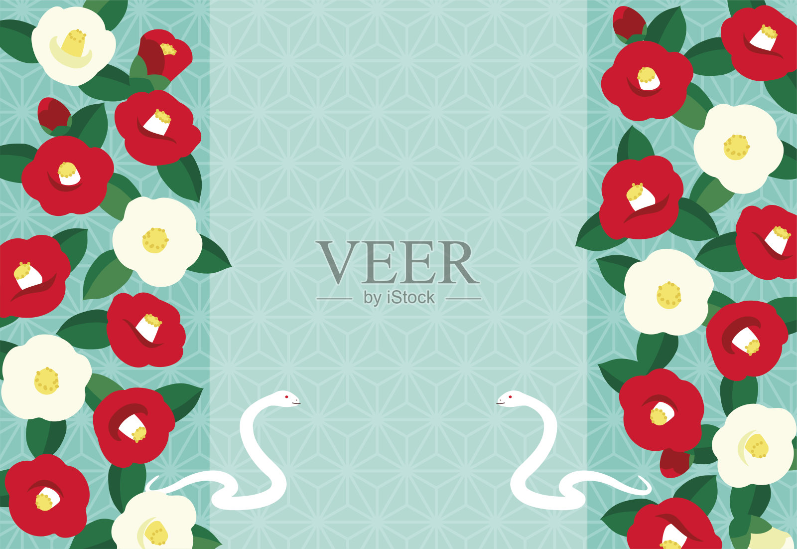 萌蛇山茶图案新年贺卡模板(无问候语)插画图片素材