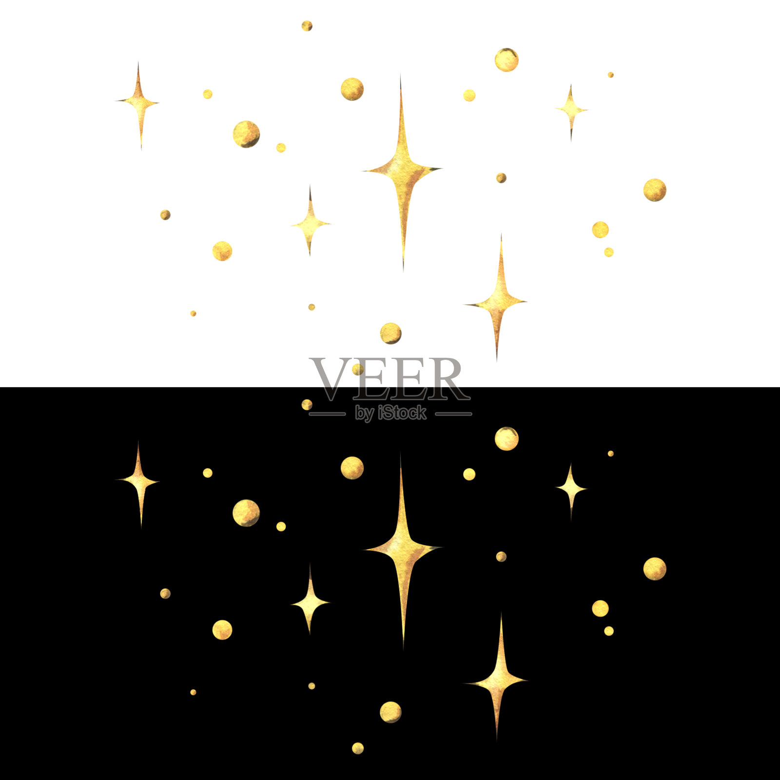 闪烁的星星，又小又黄，又金黄，四角点点，点缀着一簇闪闪发光的星星。手绘水彩插图。与背景分离的一组元素。插画图片素材