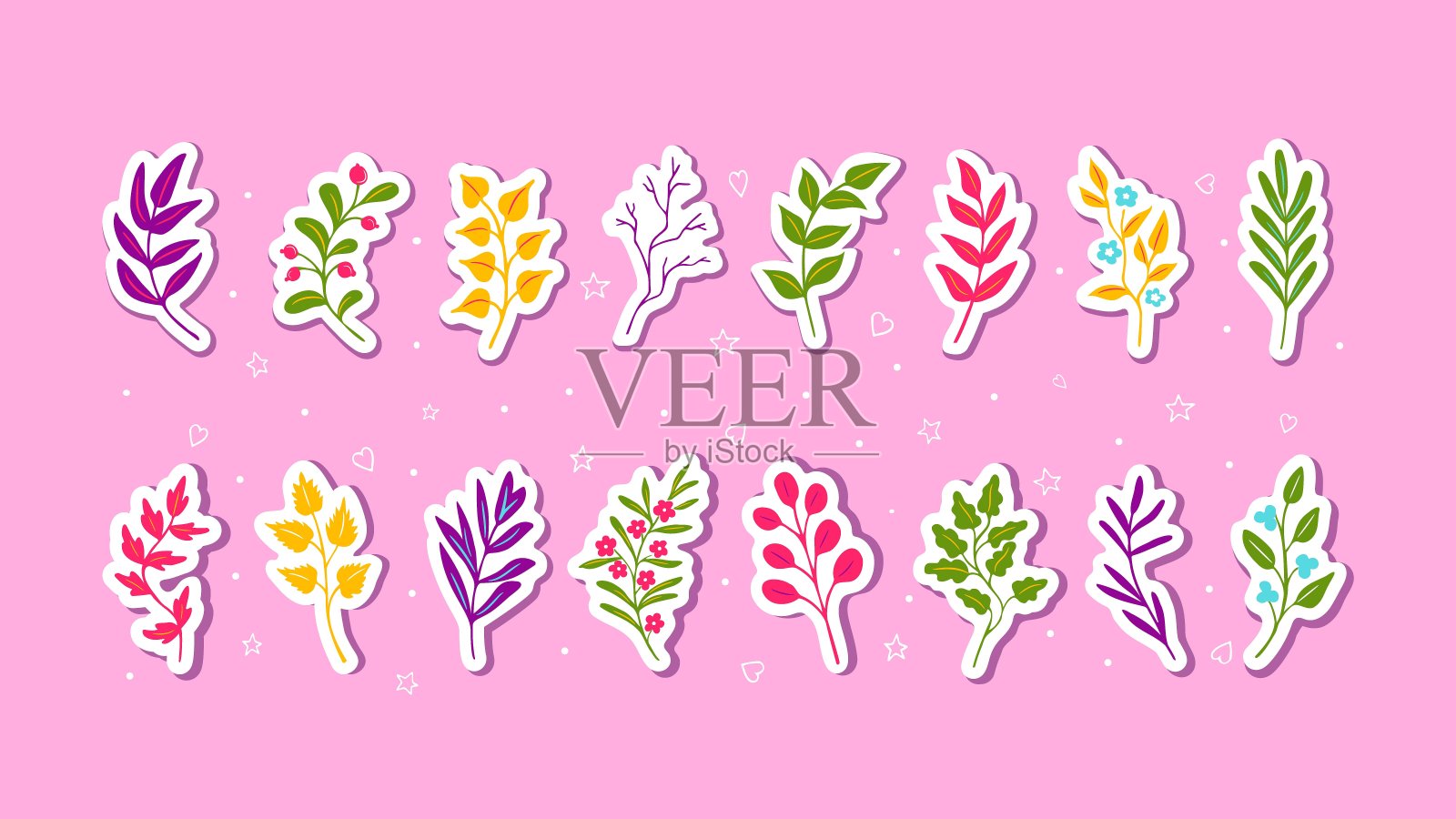 鲜艳多彩的树叶和小树枝，贴纸纸插画图片素材