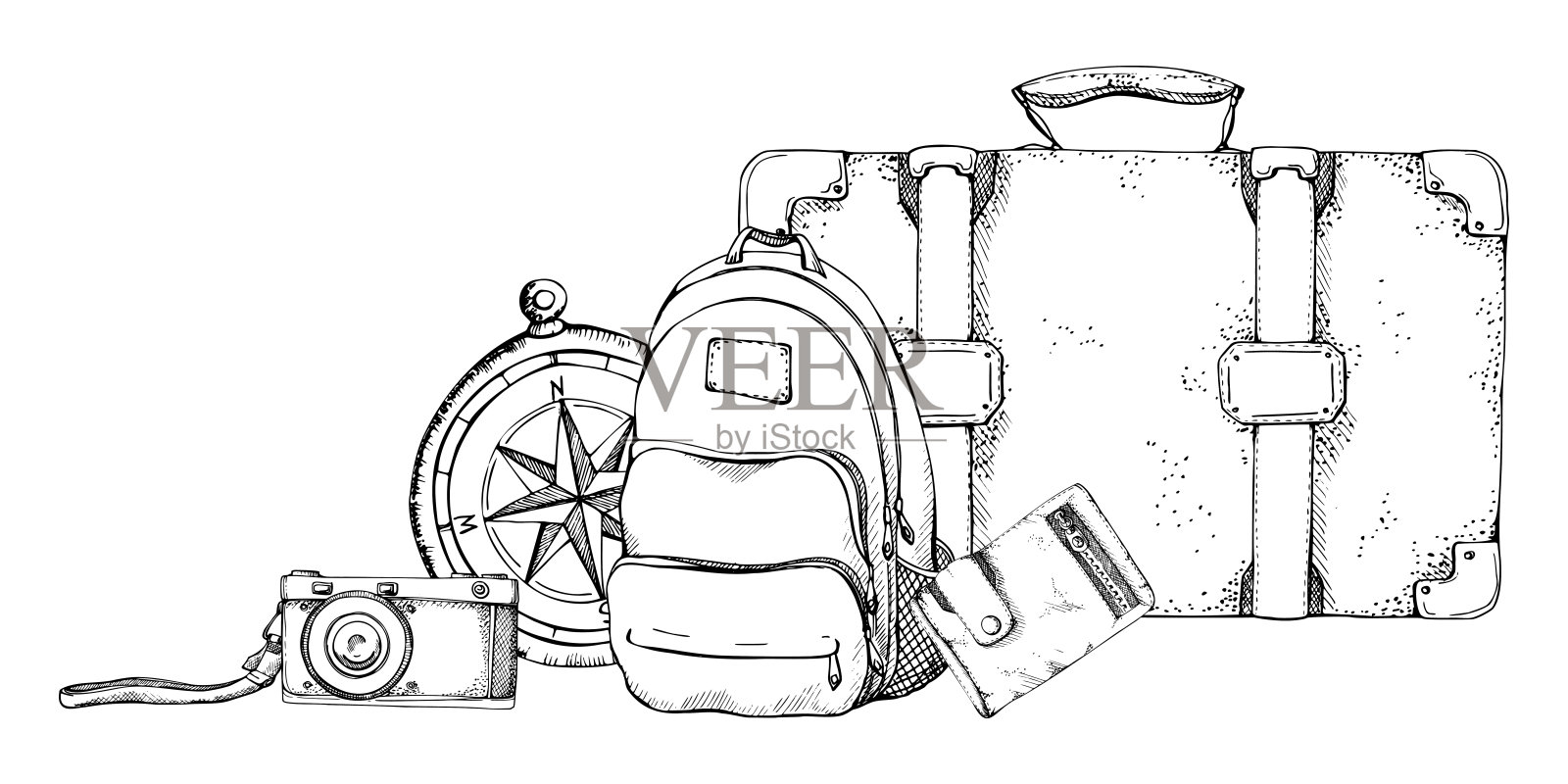 复古的行李箱，背包行李，导航指南针，旧照相机。矢量墨水手绘复古插图。适用于旅游、旅游、宣传册、婚庆、导游、印刷、名片纹身等。插画图片素材