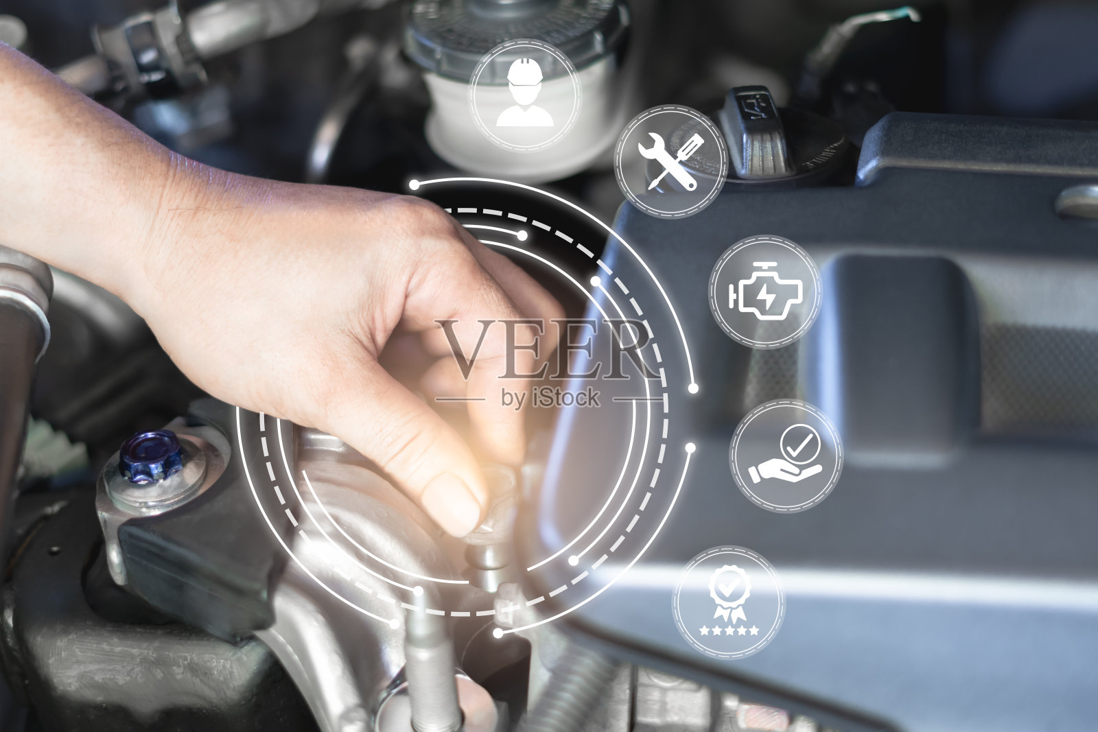 汽车维修系统检查维修概念的过程，技师更换汽车发动机支架部件，从服务中心技术检查汽车保修和客户满意度照片摄影图片