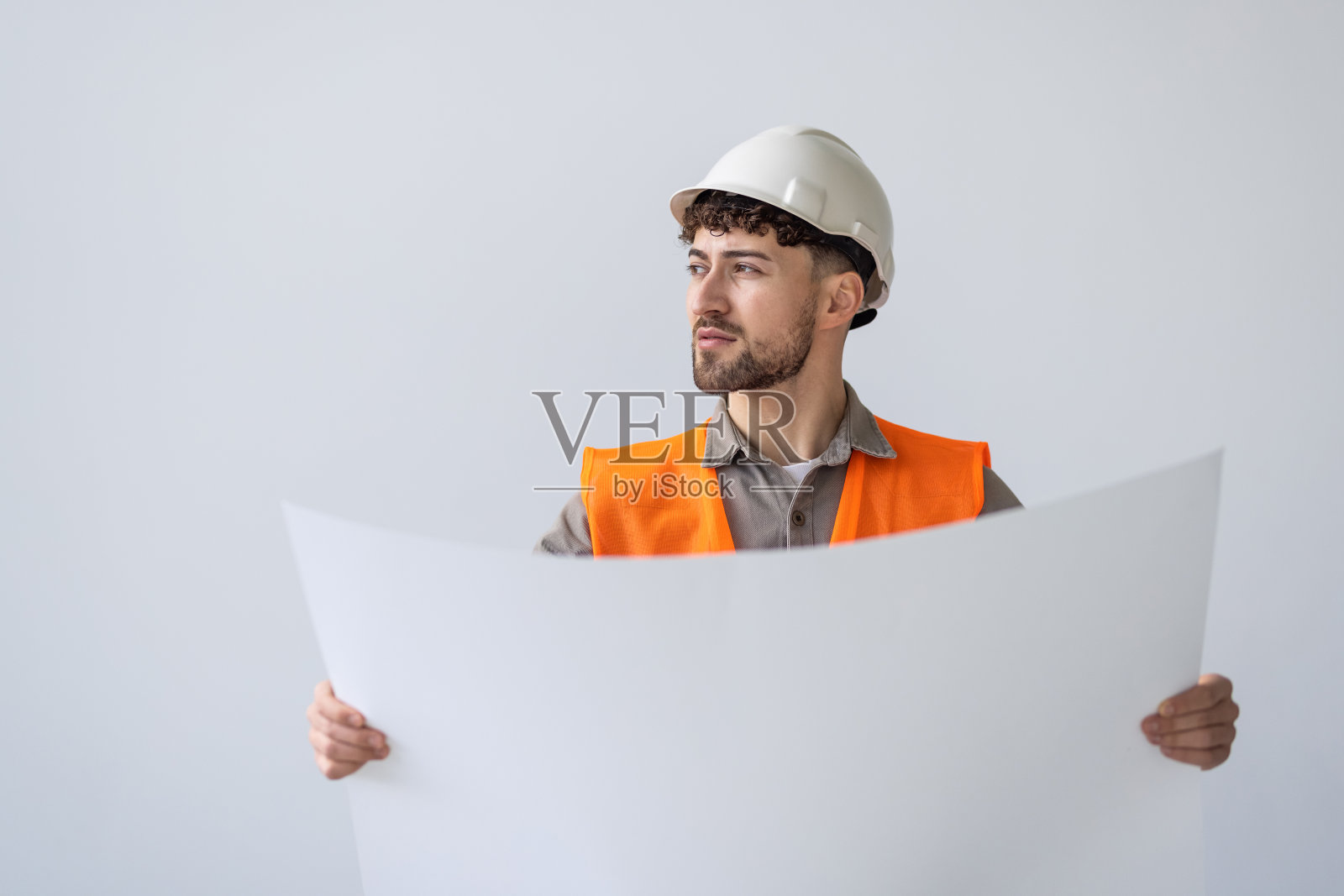 图，平面图和施工与承包商在白底检查照片摄影图片