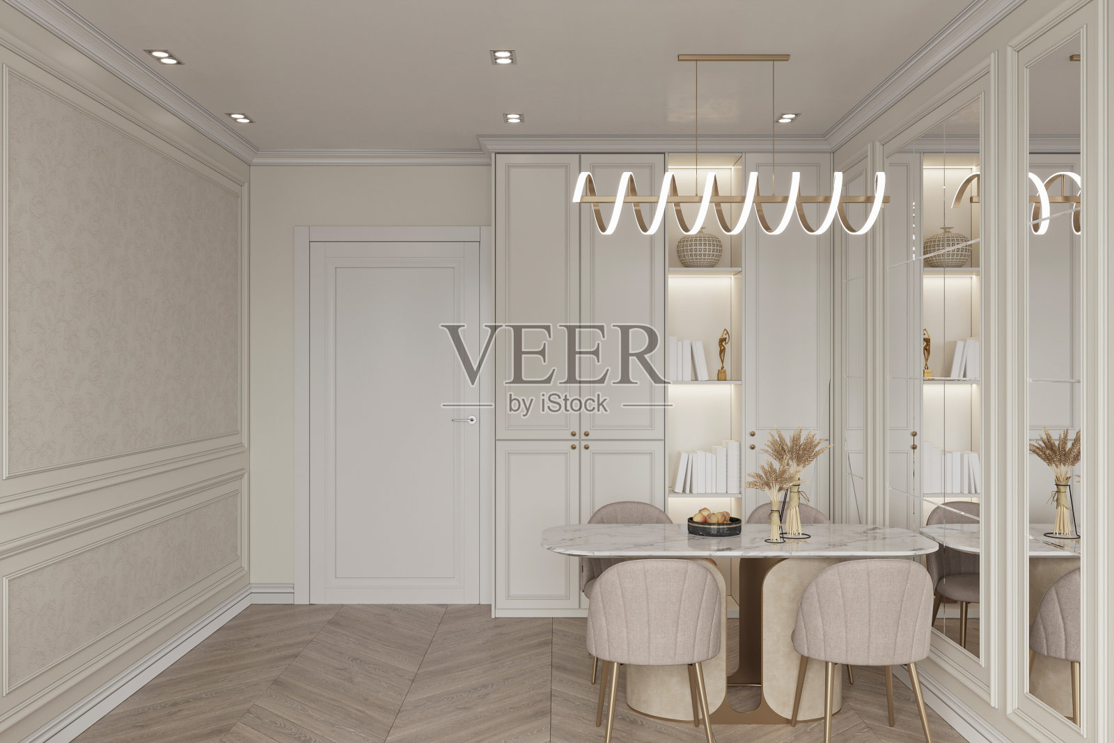 这间现代化的餐厅，自然光线充足，配有一把白色的豪华椅子和一张桌子，装饰简约照片摄影图片