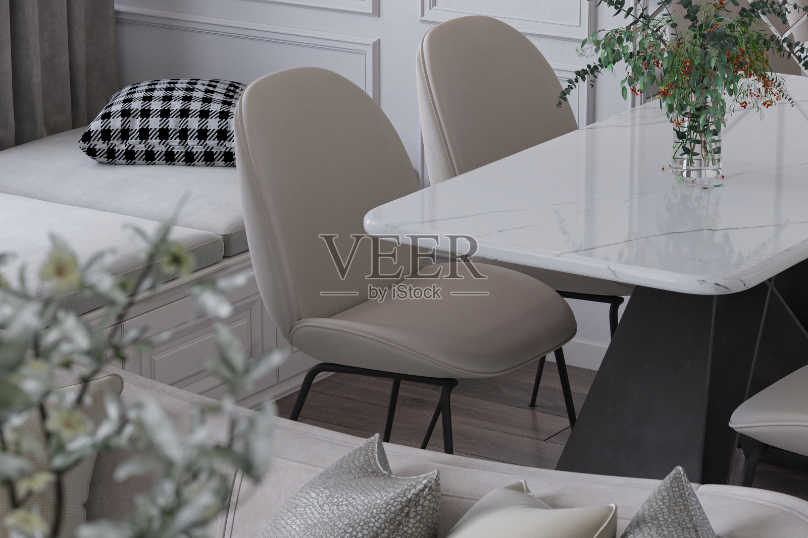 斯堪的纳维亚中世纪风格的家庭室内设计餐厅。照片摄影图片