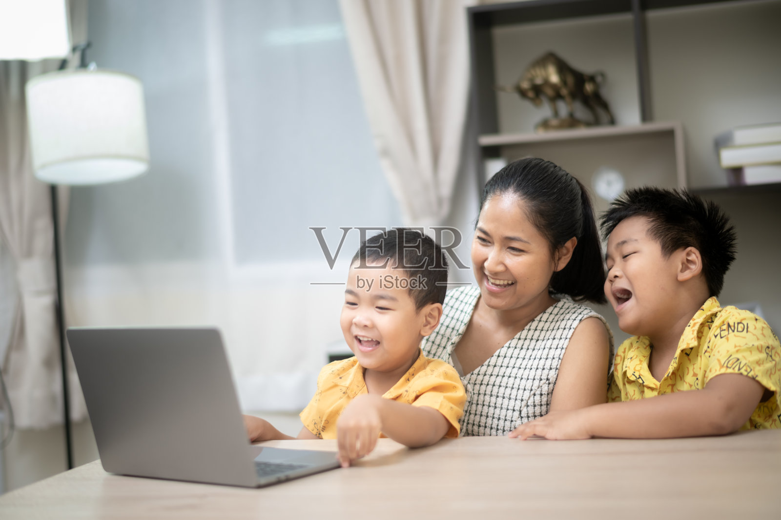 一位母亲和她的两个年幼的儿子在明亮、舒适的家庭环境中愉快地玩着笔记本电脑，一起探索科技。照片摄影图片