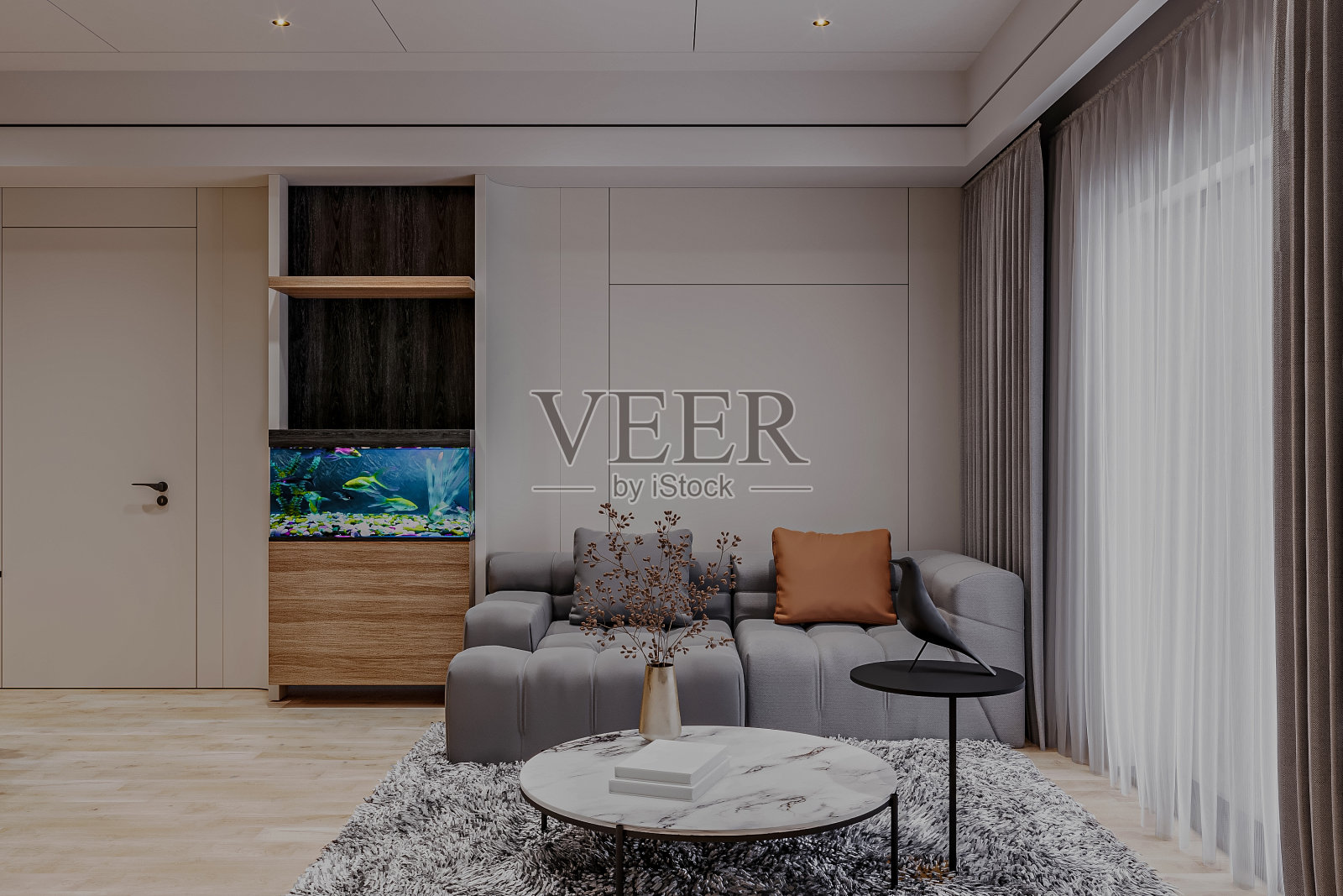 沙发上的日光光影，现代客厅墙上的实物海报照片摄影图片