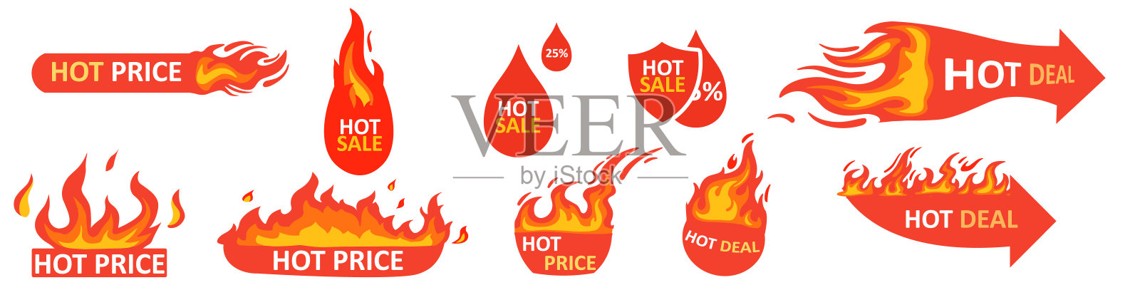 热销徽章。燃烧的交易横幅，热折扣价格标签，促销报价标签与火框架。商店销售贴纸，购物独家烧价矢量传单。插画图片素材