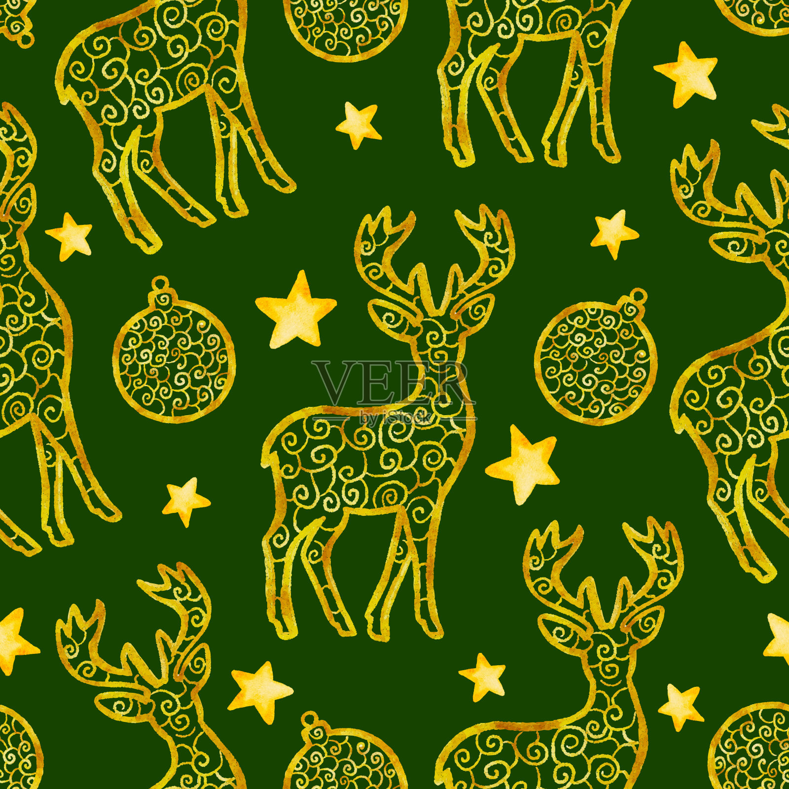 圣诞金鹿无缝图案，金色装饰物和新年绿星星为背景插画图片素材