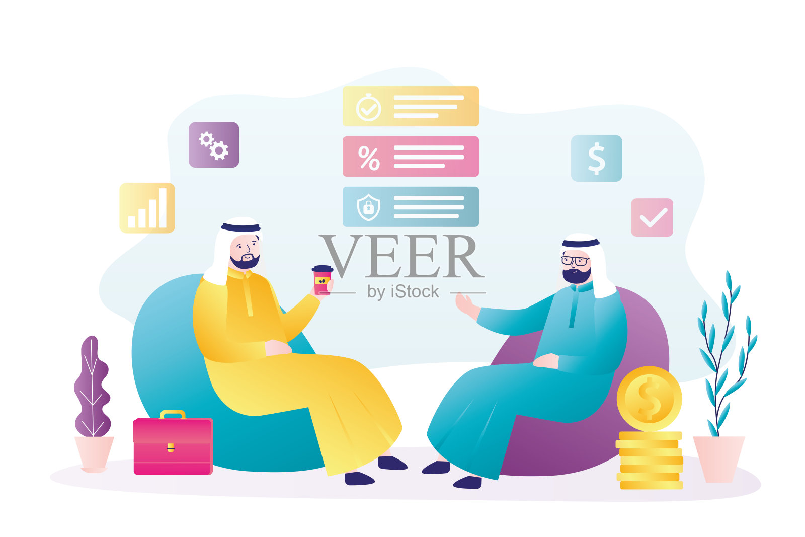 阿拉伯商人坐着聊天。穆斯林商人之间的谈判。阿拉伯政治家或企业家在峰会或会议上聊天。插画图片素材