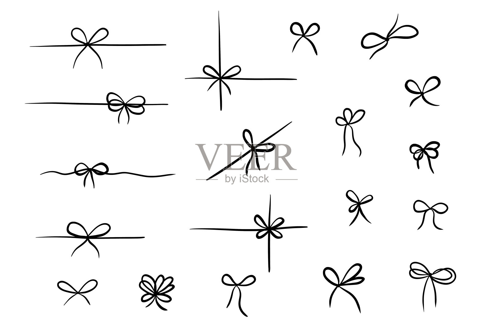 礼物弓为复古的礼物涂鸦图标集。带结的丝带，矢量线绘制。轮廓最小领带手绘草图隔离在白色插画图片素材