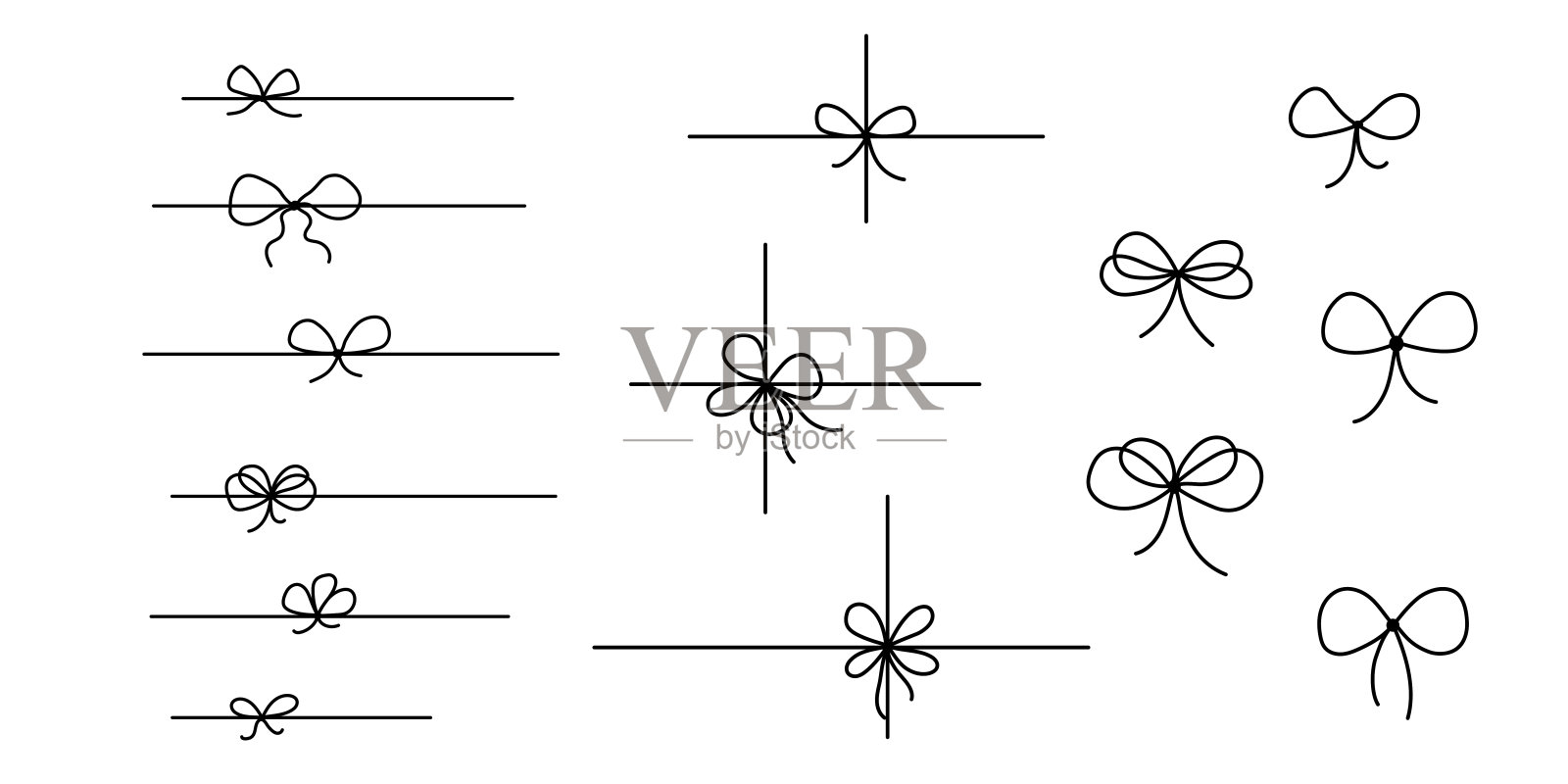 礼品弓为目前的图标集。带结涂鸦，矢量线绘制。轮廓最小领带手绘草图隔离在白色插画图片素材