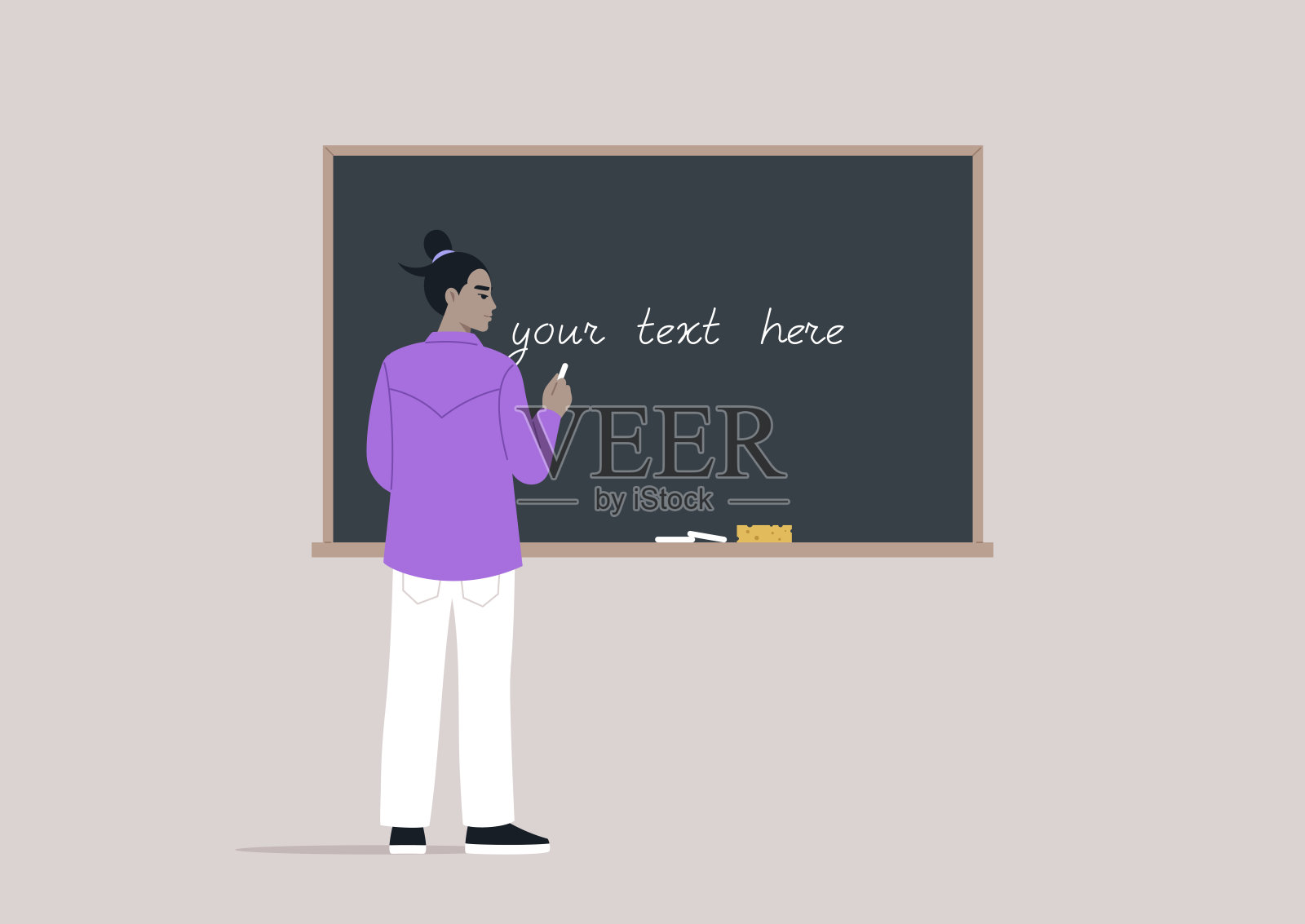 一位穿着时髦服装的专注的教师在黑板上写下自己的想法，在当代学习空间中激励学生插画图片素材