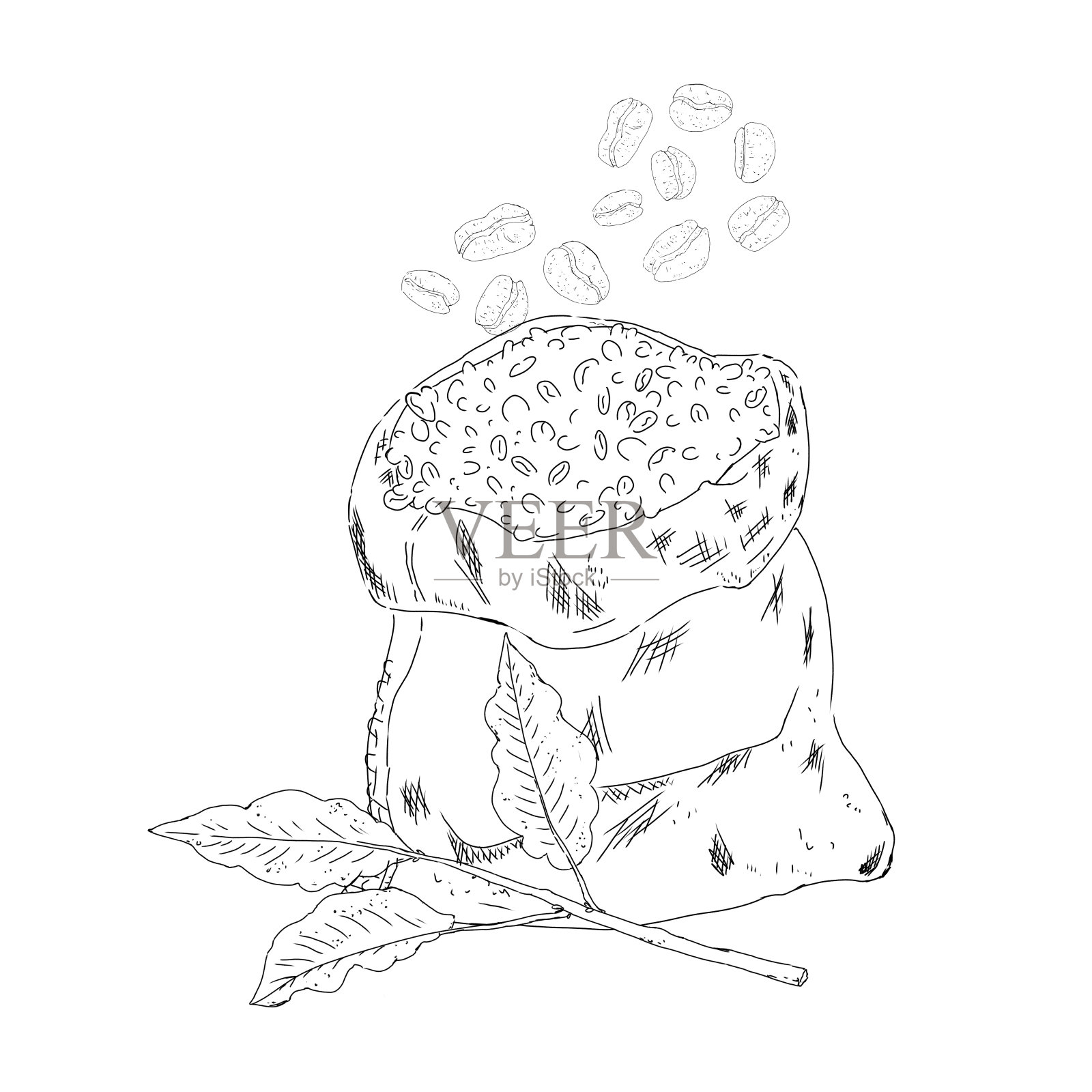 涂色书页黄麻袋与咖啡豆和一个分支的咖啡植物与叶黑白插图印刷和网页使用插画图片素材