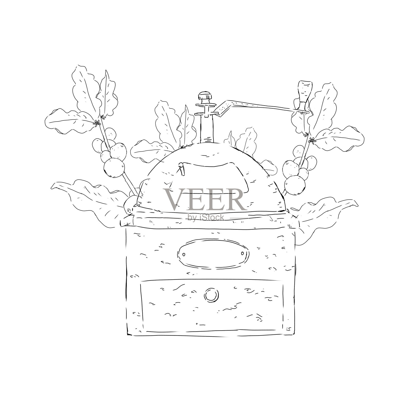 涂色书页与机械咖啡研磨机在背景树枝和细枝与叶和果实的咖啡植物黑白插图印刷和网页使用插画图片素材