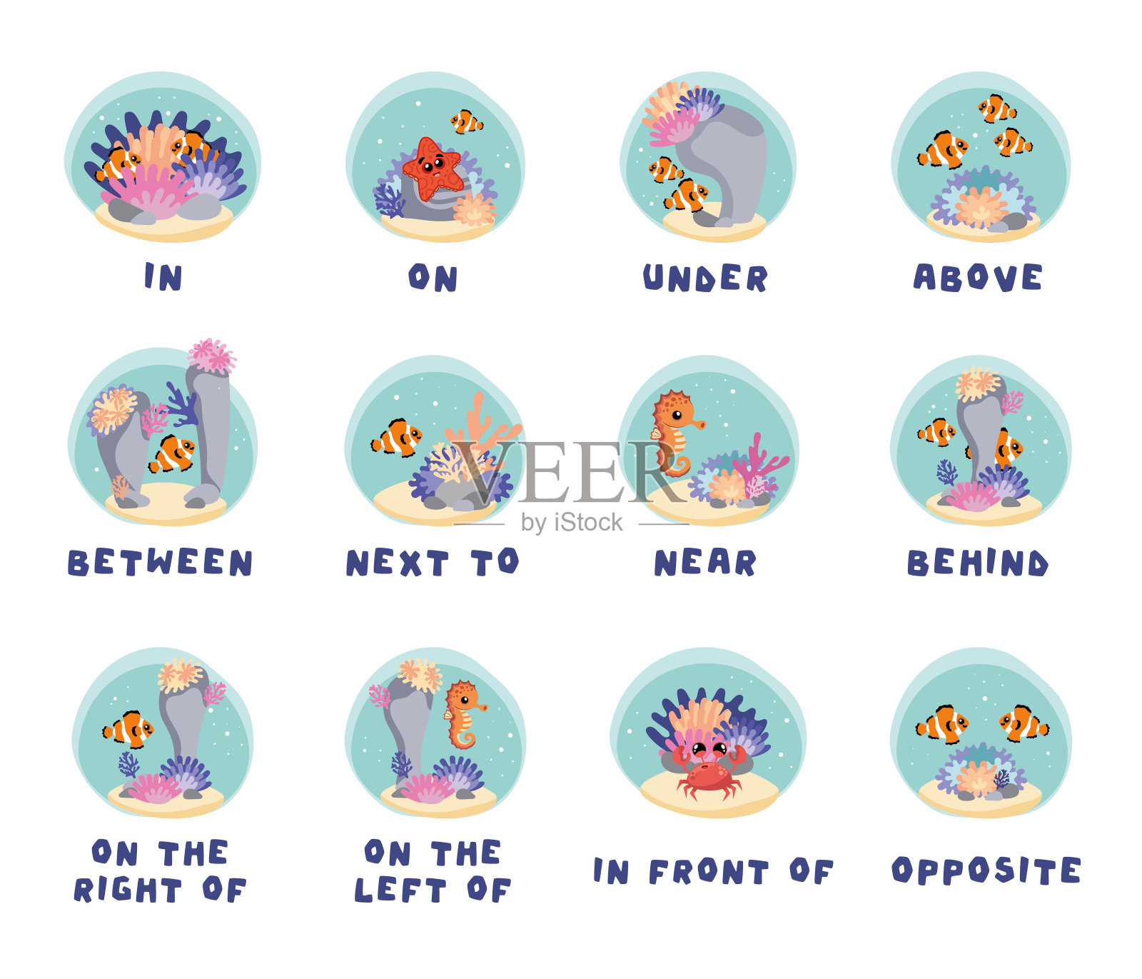 海洋动物的英语介词。珊瑚礁和鱼类插画图片素材