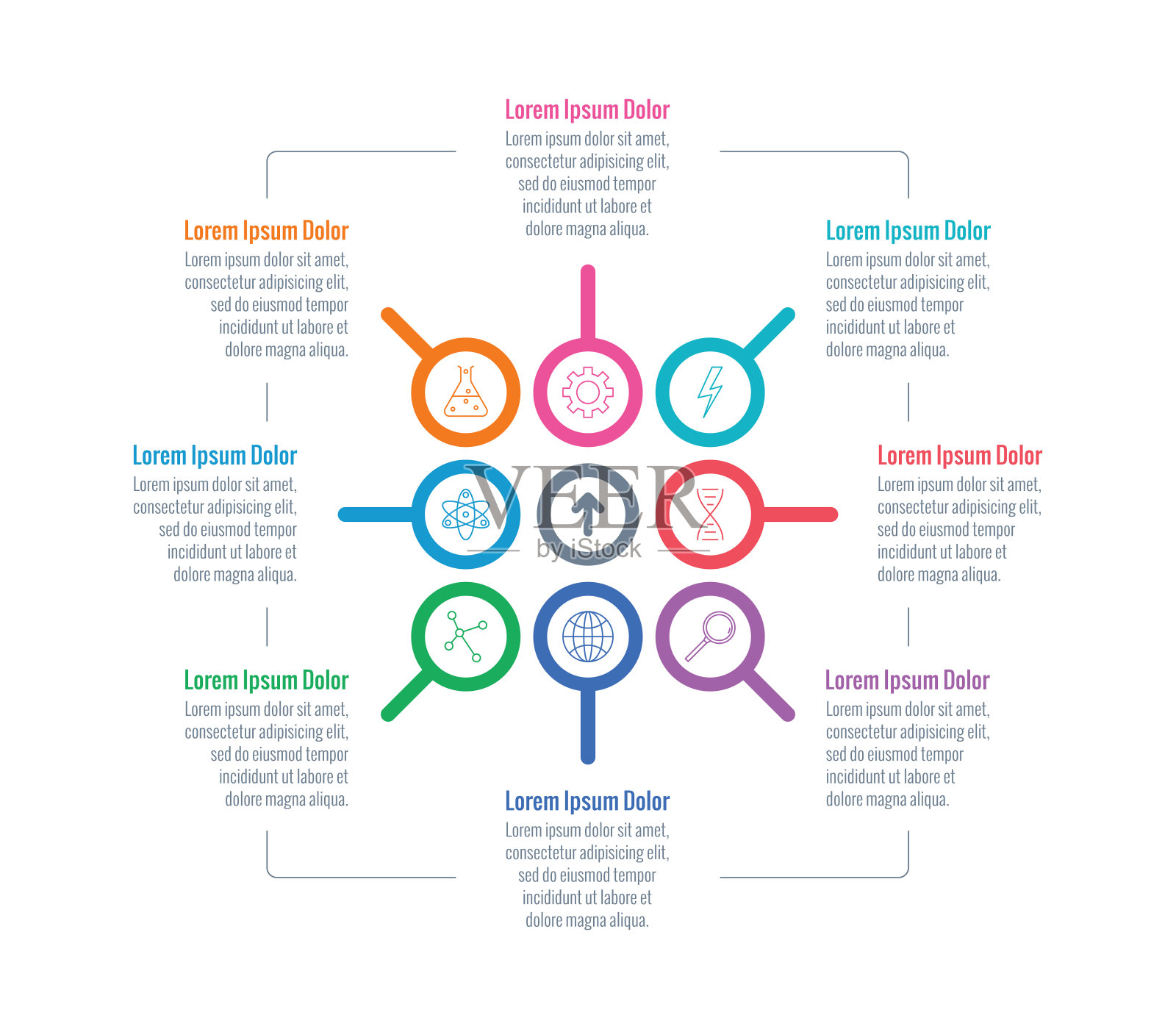 放大镜信息模板。八步年报，互联网信息图表模板。科学信息图模板插画图片素材