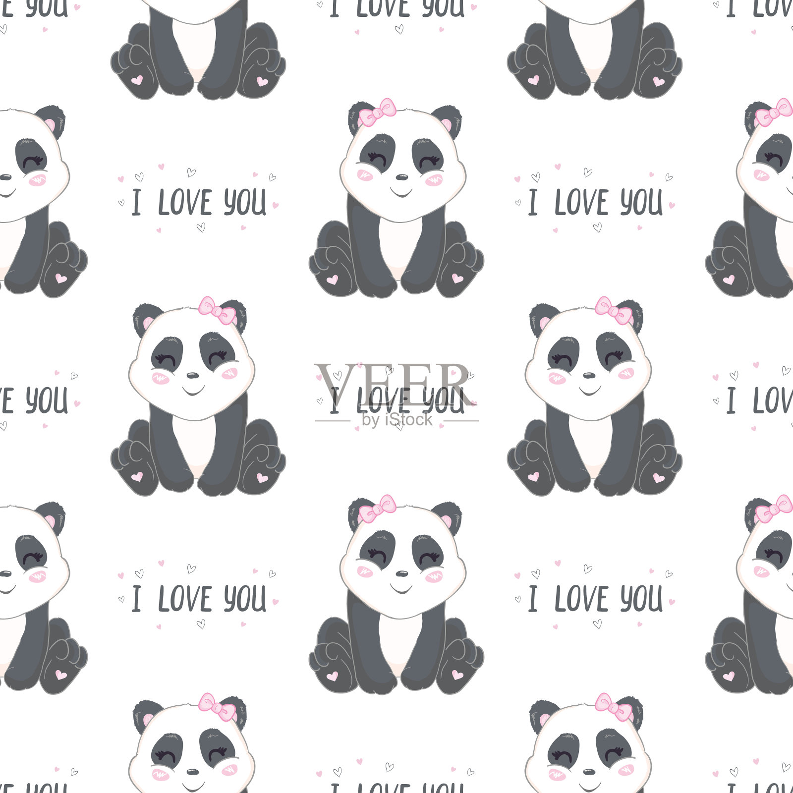 可爱的小熊猫熊与心和点矢量插图的孩子。爱无缝幼稚图案与卡哇伊小动物。插画图片素材