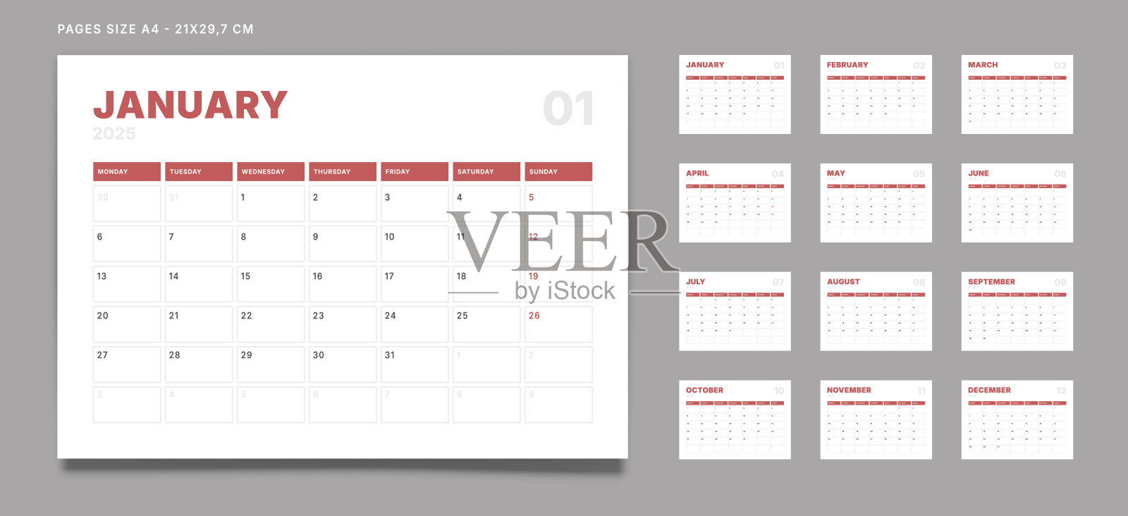一套12页每月日历计划模板在2025年。矢量模型的墙壁或桌面日历与一周开始在星期一打印。页码尺寸A4 -21x29.7cm插画图片素材
