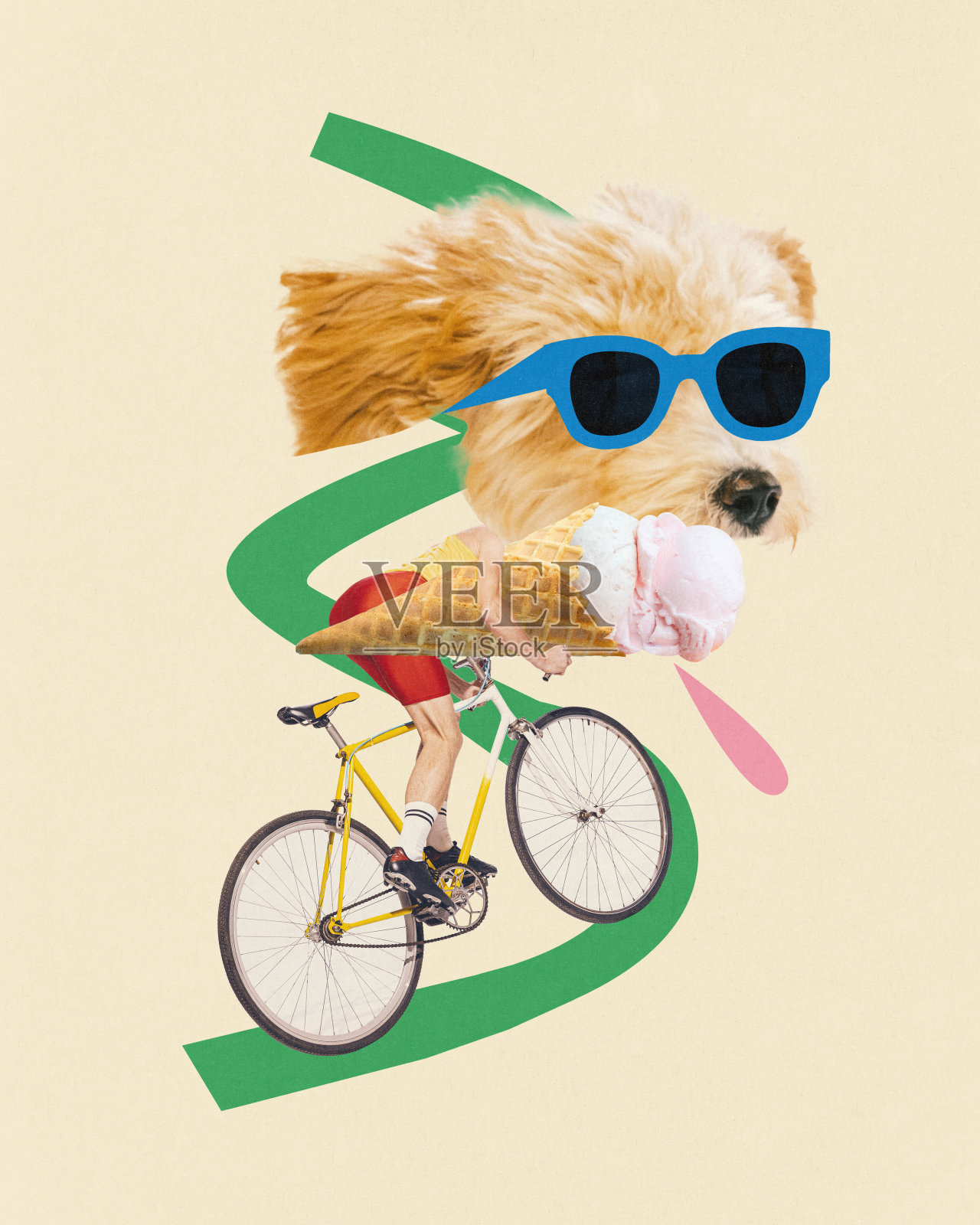 当代艺术拼贴。戴着蓝色太阳镜的狗头自行车手，骑着自行车，吃着大冰淇淋蛋筒，绿线作为背景中的道路。照片摄影图片
