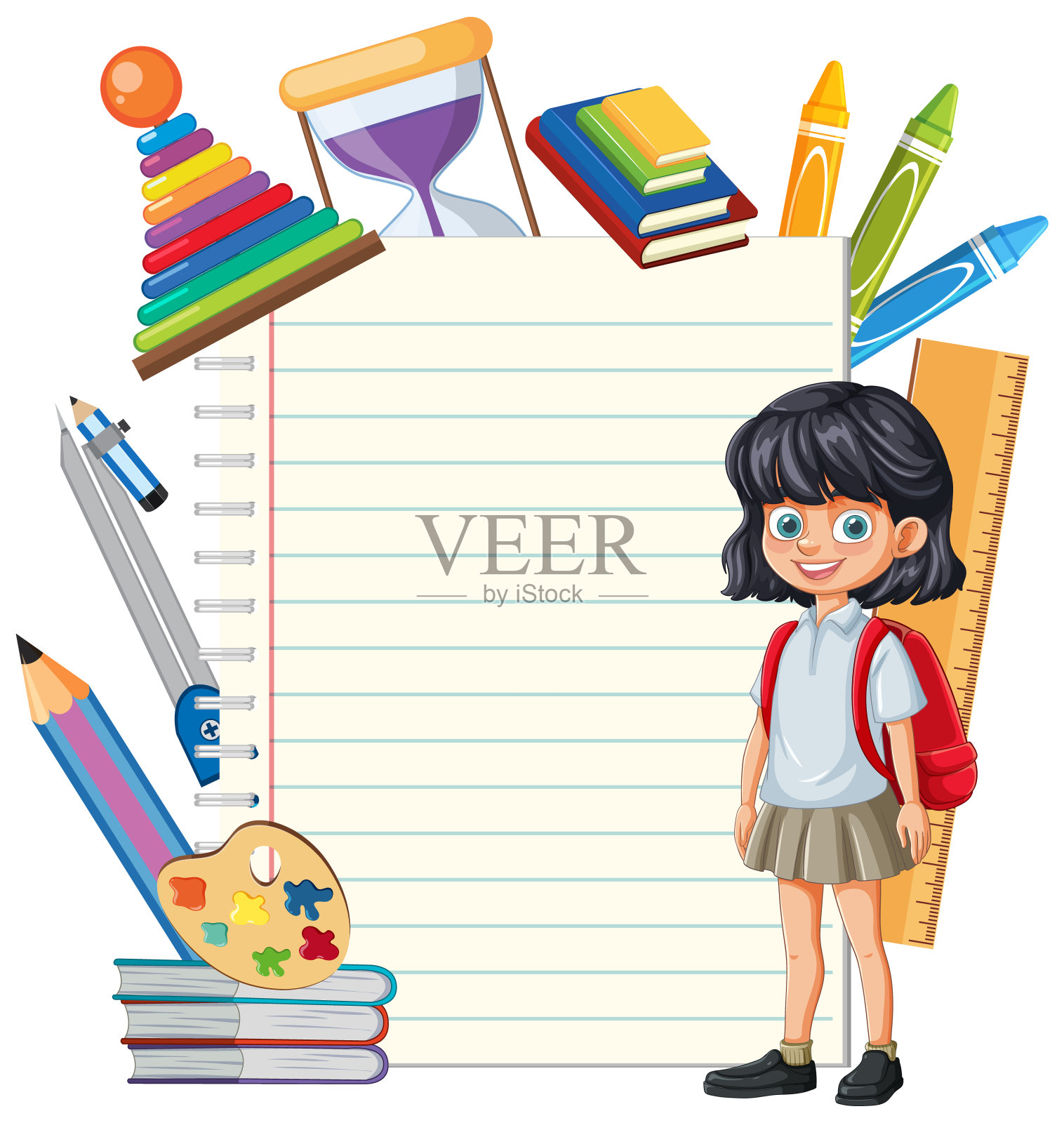 拿着学习用品和空白笔记本的女孩插画图片素材