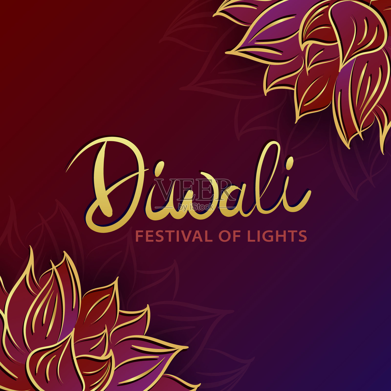 快乐排灯节手绘贺卡与线性金色神圣的印度莲花为框架插画图片素材