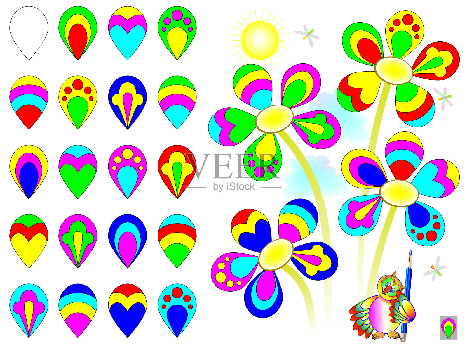 逻辑益智游戏。找到缺失的花瓣，在空白的图案中画出来。矢量卡通图像。插画图片素材