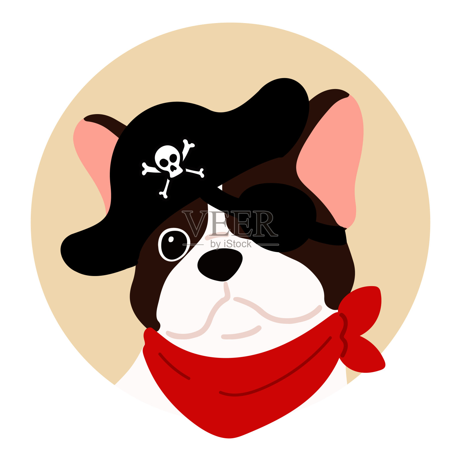 扁平彩色万圣节海盗法国斗牛犬在一个圆圈图标插画图片素材