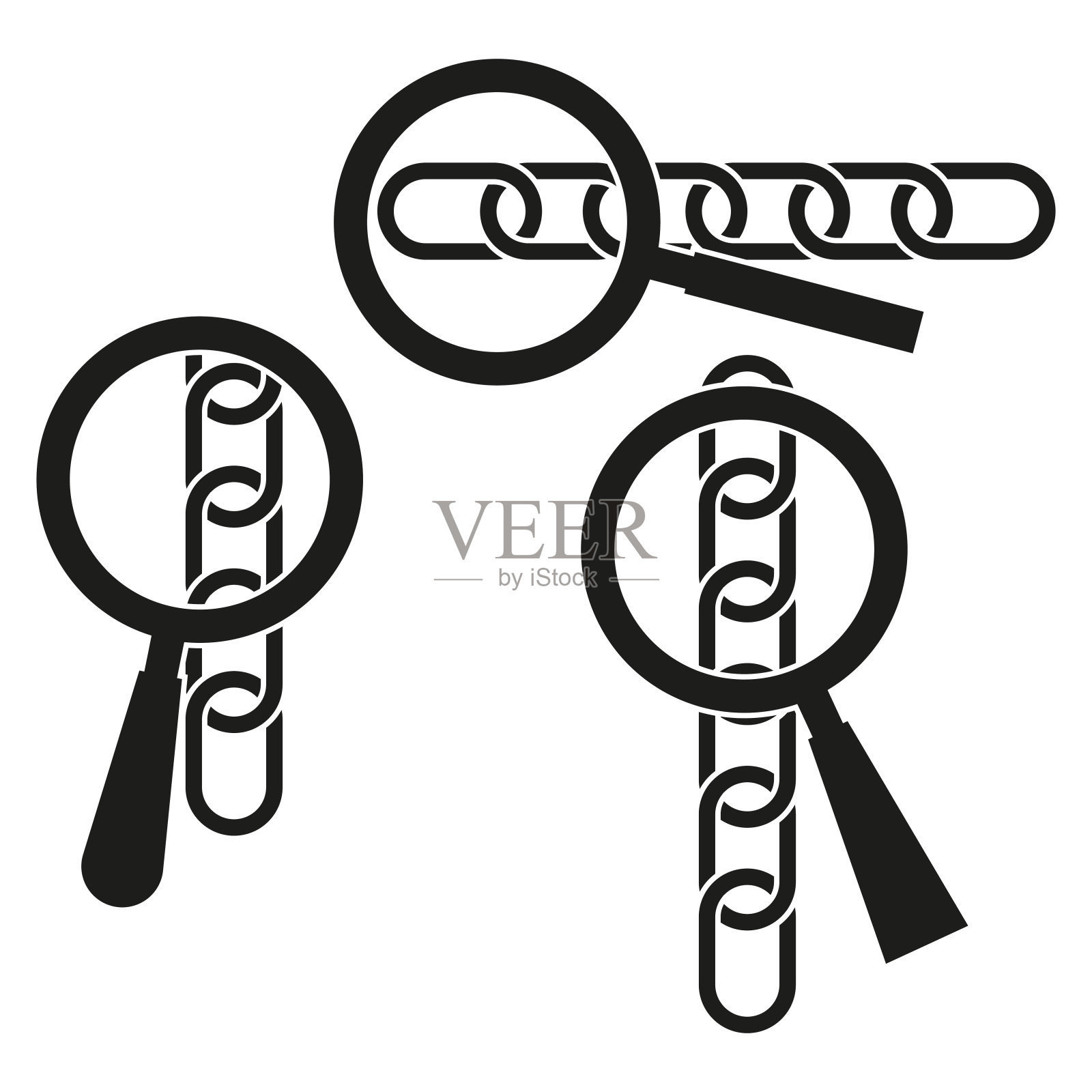 放大镜和链图标。链接检查符号。黑色和白色。矢量插图。插画图片素材