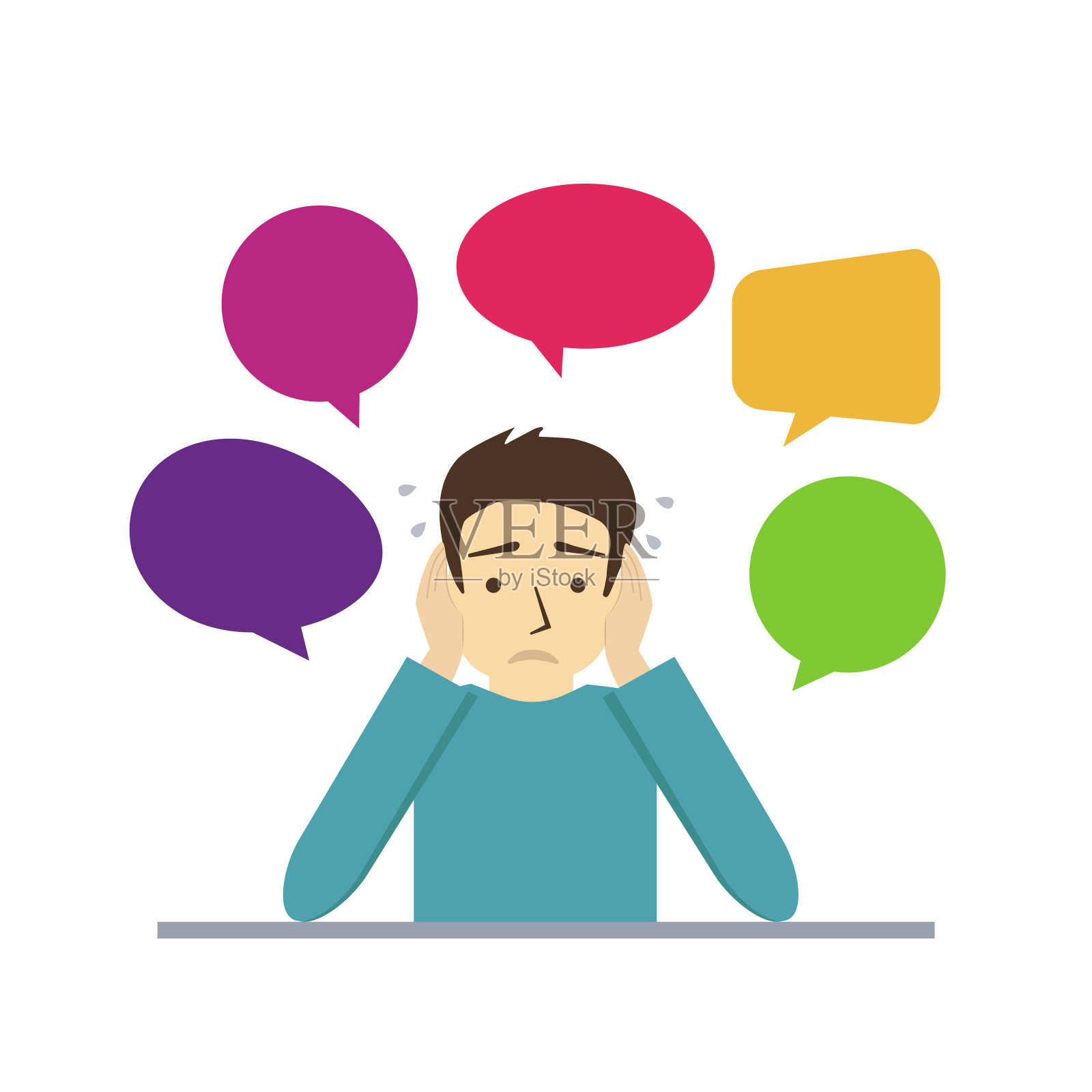 网上购物平概念忧心忡忡的商人抱着他的头，他周围有一个演讲泡沫插画图片素材