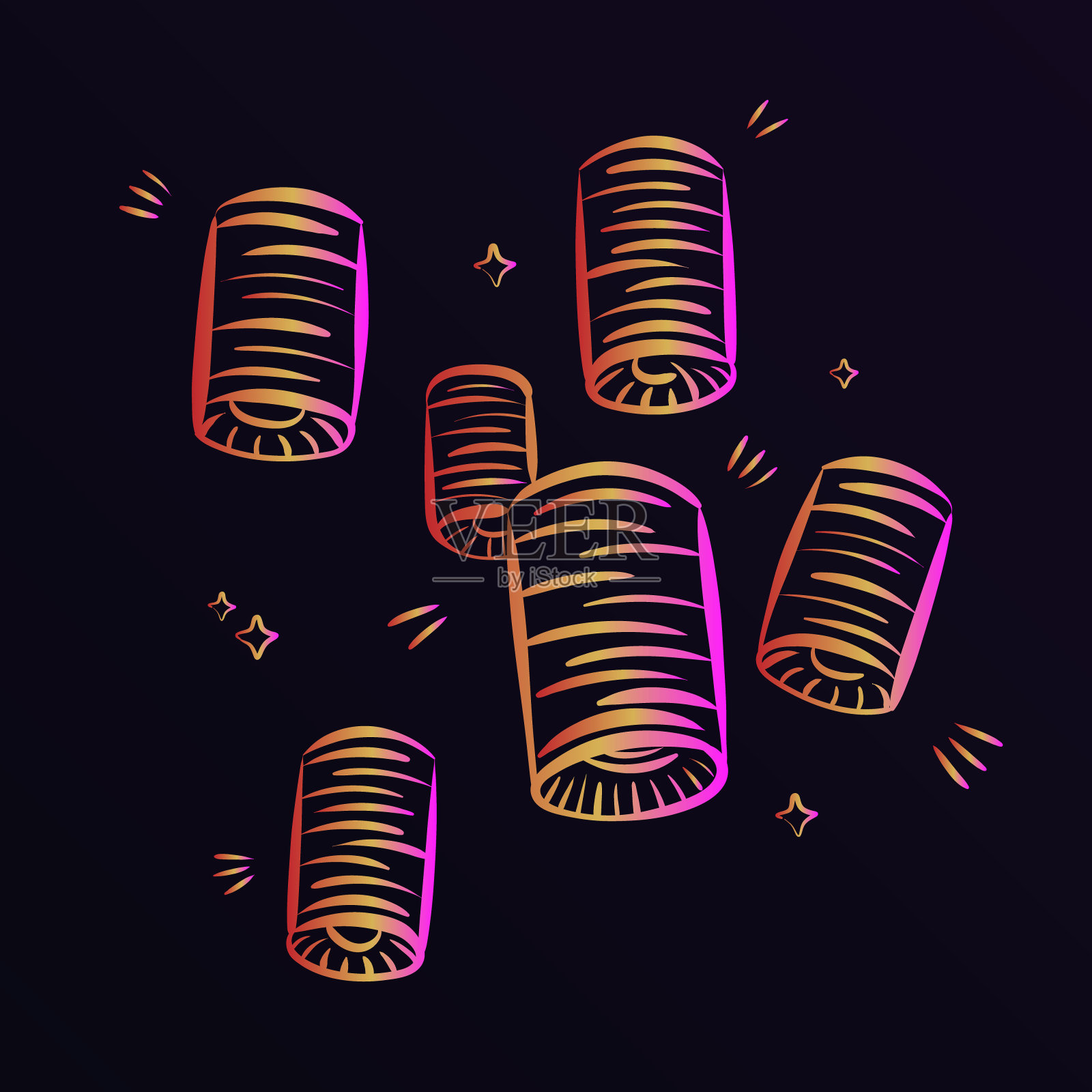 手绘线性霓虹灯彩色排灯节纸灯笼印度教节日的灯光插画图片素材