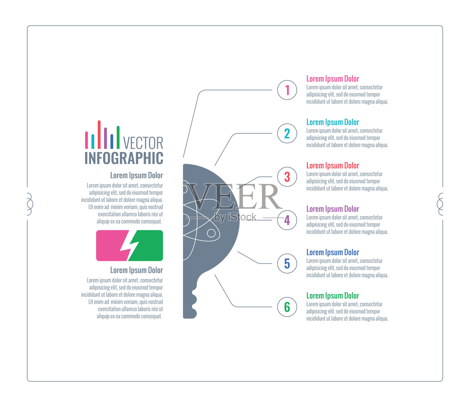 灯泡主题网站，年度报告，互联网信息模板。业务信息模板。六个选项信息图模板插画图片素材