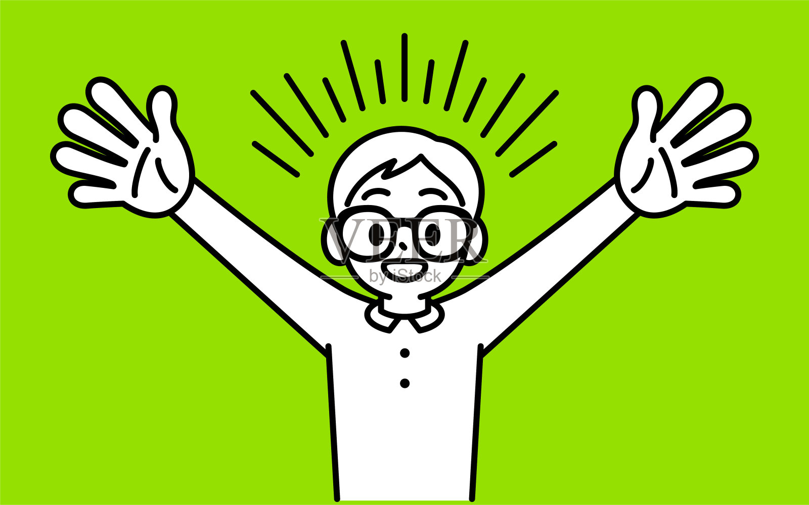 一个戴着牛角框眼镜的好学男孩张开双臂寻求友谊和拥抱，极简风格，黑白轮廓插画图片素材